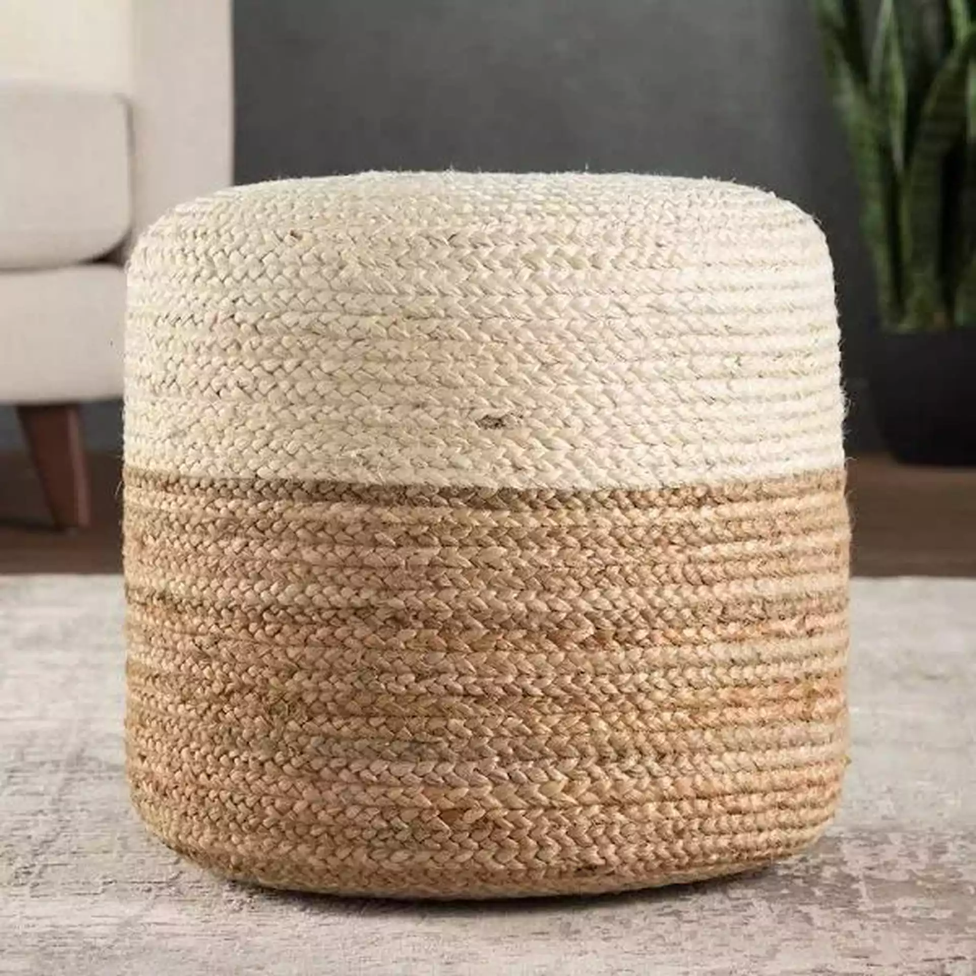 Oliana Ombre Cylinder Pouf, White & Beige