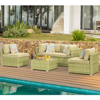 Bay Isle Home 7 Piece Outdoor Furniture Set Olive Green Wicker Sectional Sofa W Cushions Glass Coffee Table 4 Pillows Havenly 7 Piece Outdoor Furniture Set Olive, Bay Isle Home Outdoor Furniture