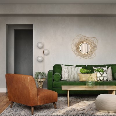 Bohemian, Midcentury Modern Living Room Design by Rhonda Stanbury Interior Designer Masooma