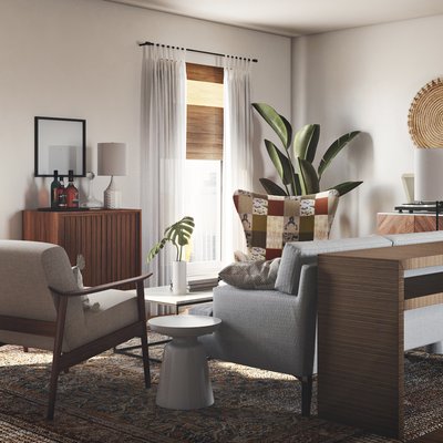 Bohemian, Midcentury Modern, Scandinavian Living Room Design by Rhonda Stanbury Interior Designer Abby