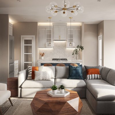 Farmhouse, Midcentury Modern Living Room Design by Rhonda Stanbury Interior Designer Denise
