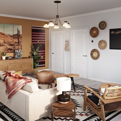 Bohemian, Global, Midcentury Modern Living Room Design by Rhonda Stanbury Interior Designer Bayleigh