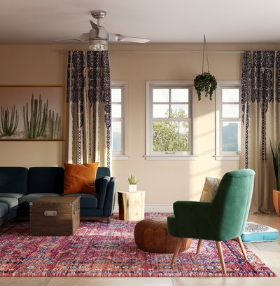 Bohemian, Midcentury Modern Living Room Design by Rhonda Stanbury Interior Designer Michelle