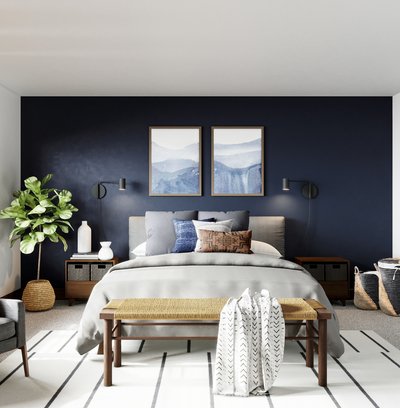 Bohemian, Industrial, Midcentury Modern Bedroom Design by Rhonda Stanbury Interior Designer Andy
