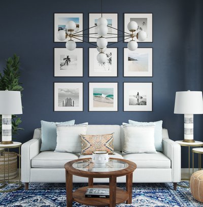 Bohemian, Coastal, Glam, Global, Midcentury Modern Living Room Design by Rhonda Stanbury Interior Designer Amanda