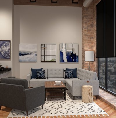 Modern, Industrial Living Room Design by Rhonda Stanbury Interior Designer Olivia