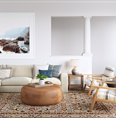 Modern, Bohemian, Coastal, Transitional Living Room Design by Rhonda Stanbury Interior Designer Natalie