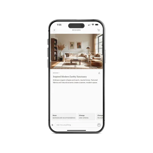 Phone mockup showing AI design interface