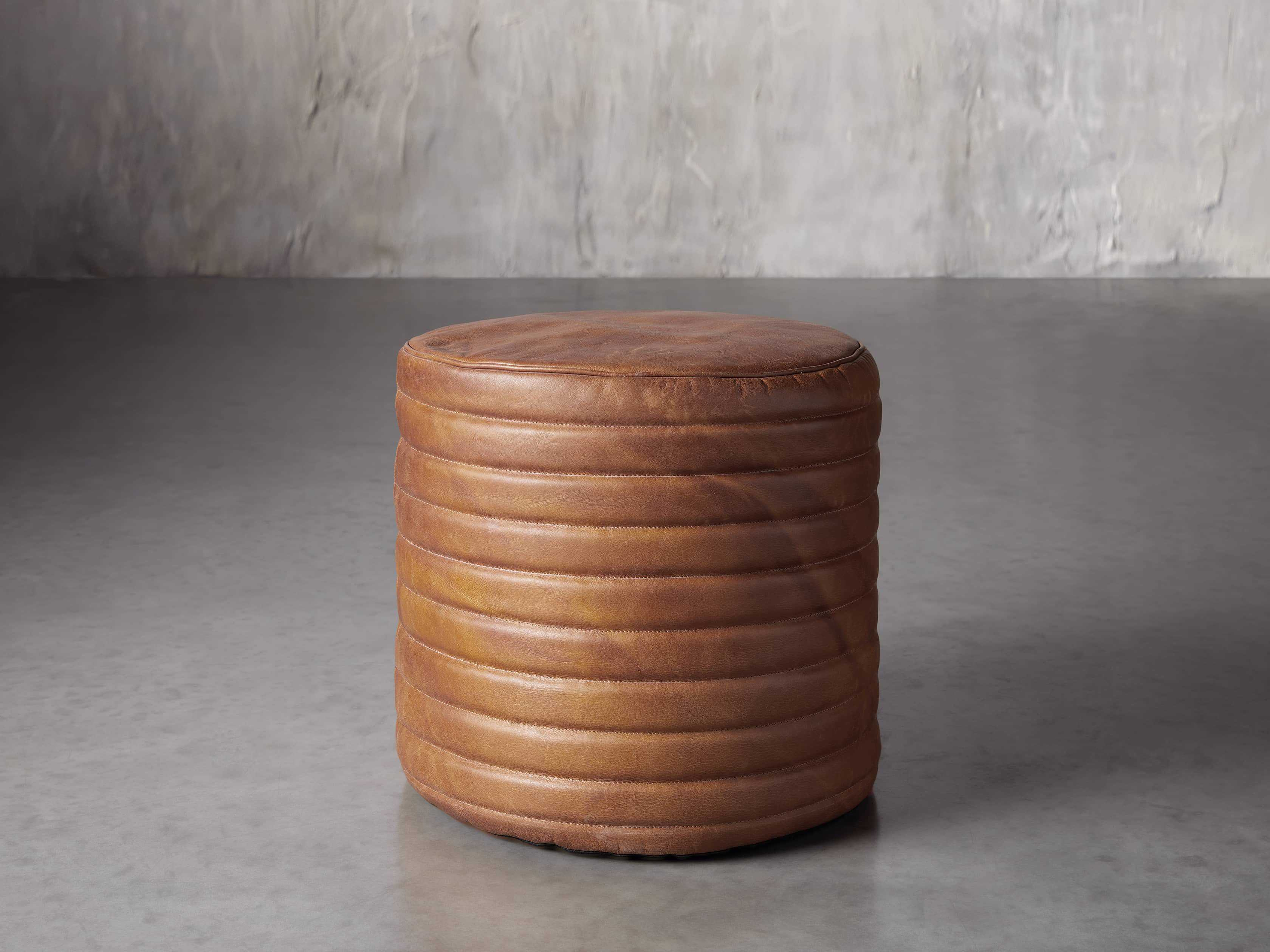 Round Channel Pouf Leather in Brown - Arhaus