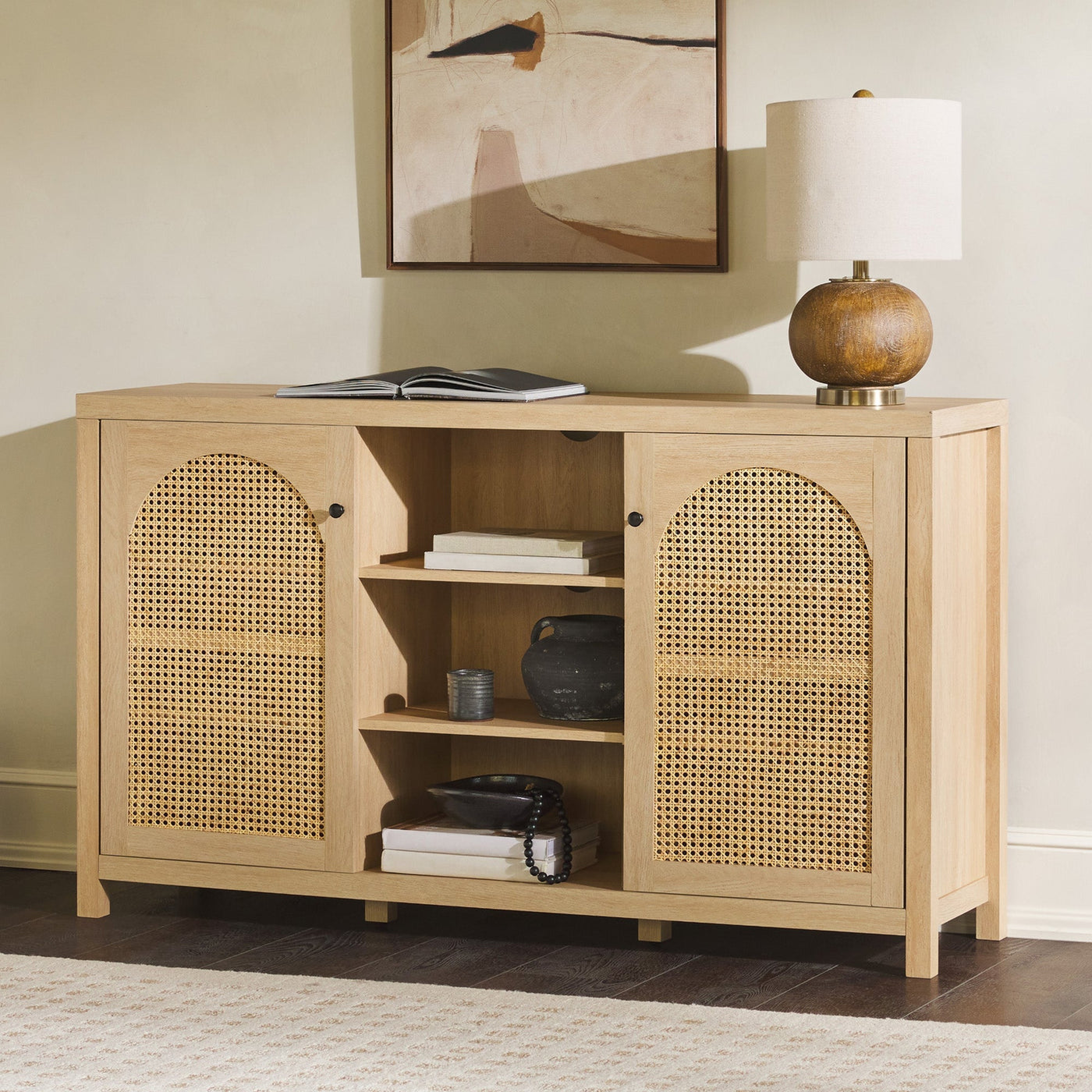 58" 4 Door Sideboard with Arched Rattan Panels - Walker Edison