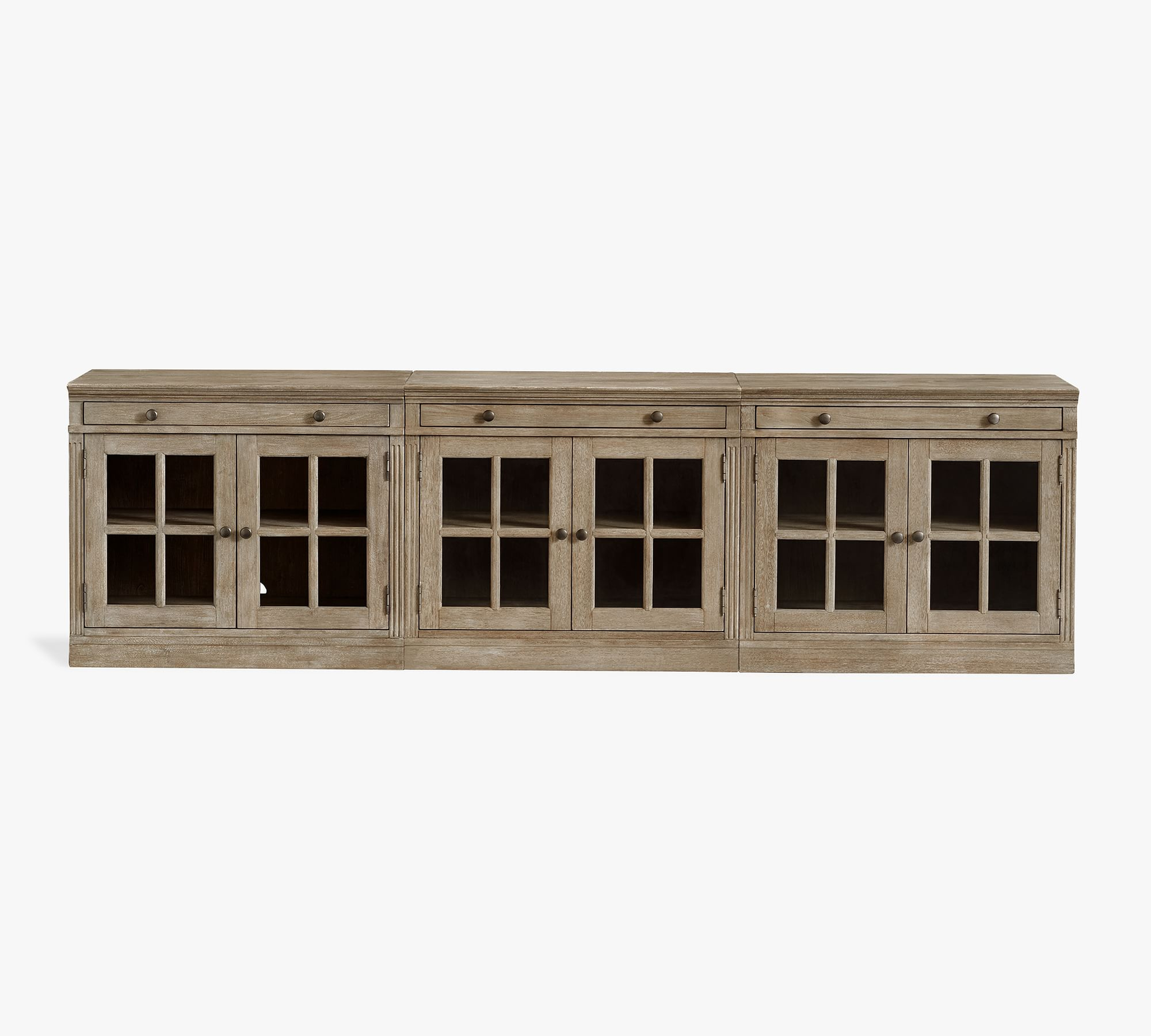 Livingston 105" Media Console with Glass Door Cabinets, Gray Wash - Pottery Barn
