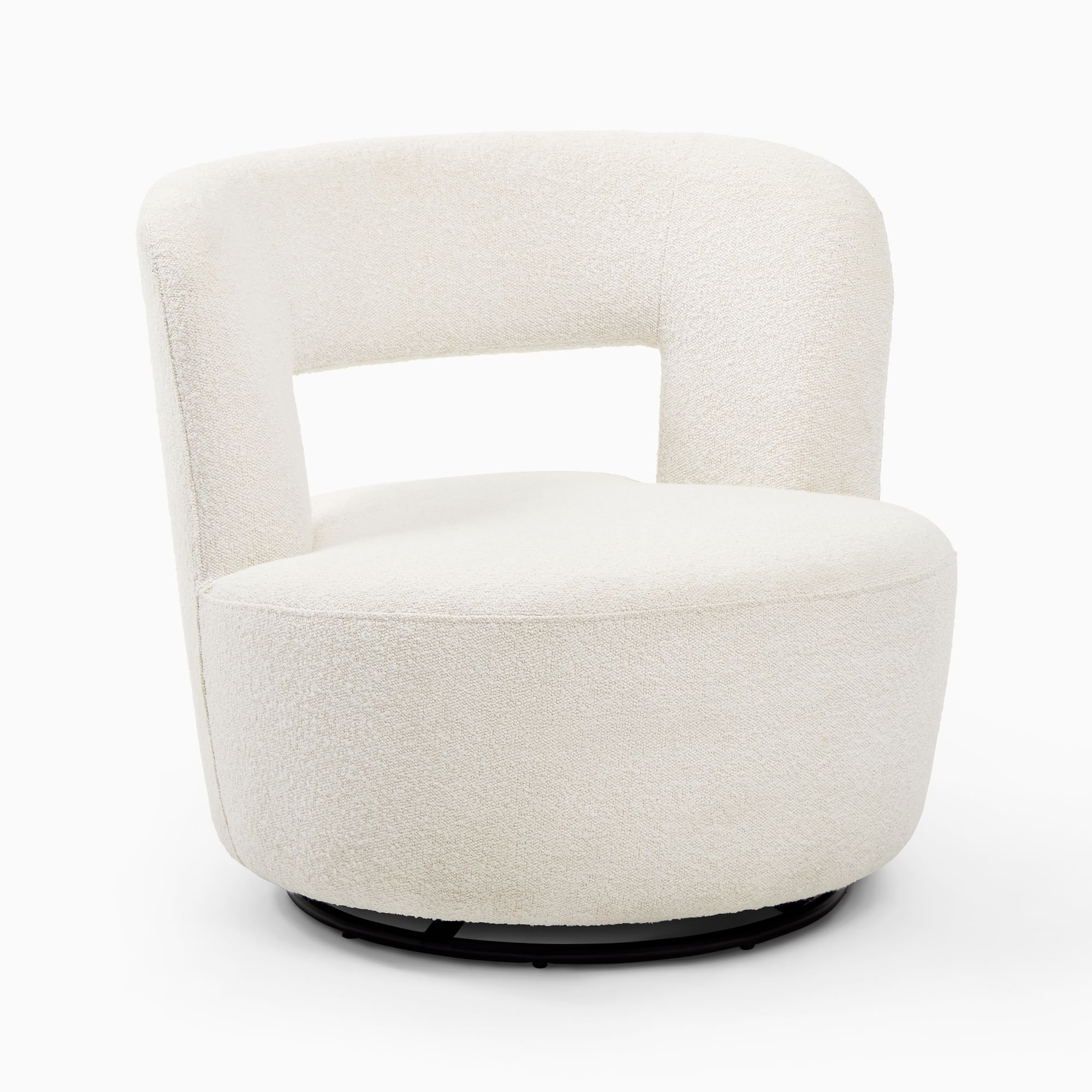 Millie Swivel Chair, Poly, Chunky Boucle, White, Concealed Supports - West Elm