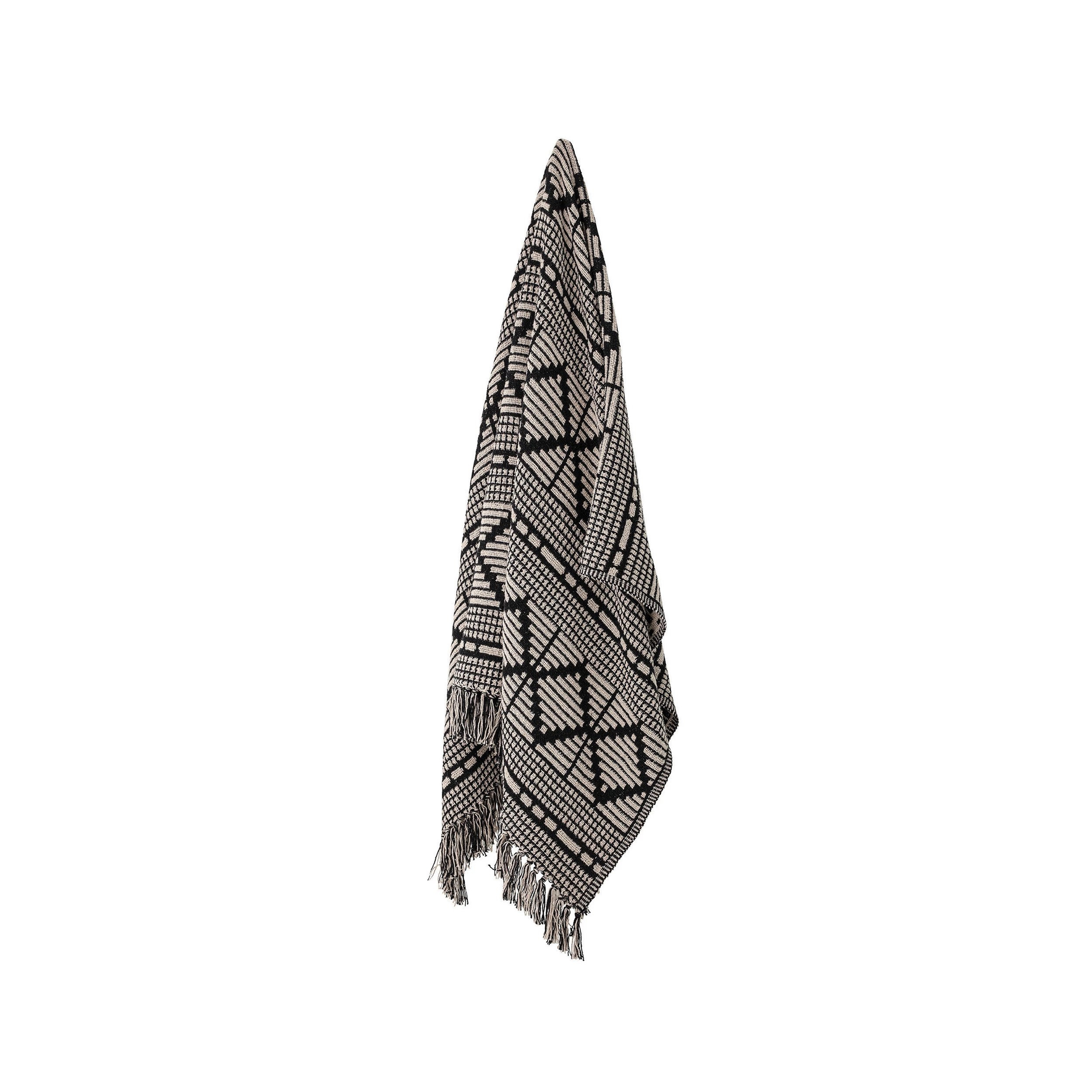Black & Beige Woven Cotton Blend Throw Blanket with Fringe - Bloomingville