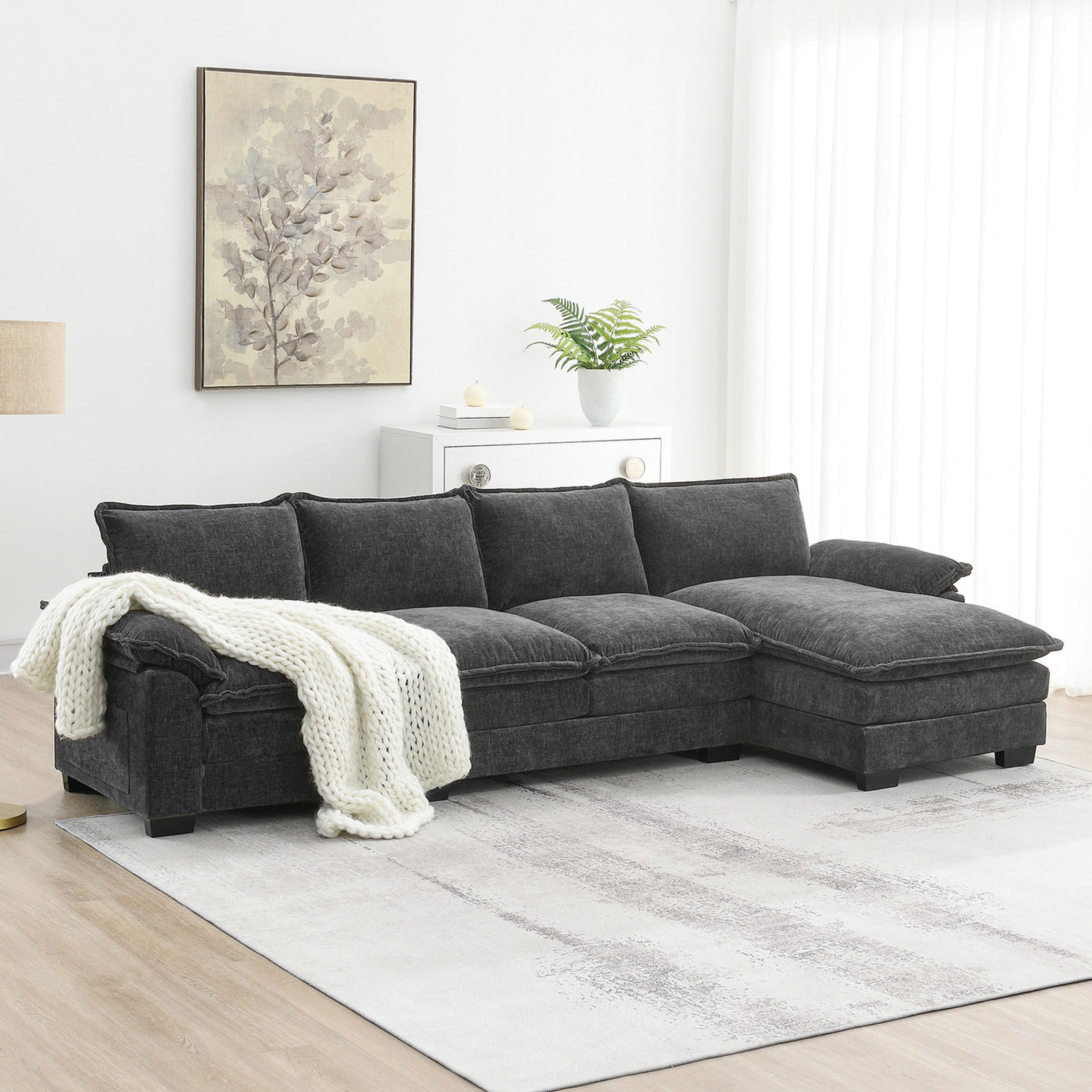 Contour & Co. | Chenille Pillow Top Cloud L-shape Sectional Sofa with Chaise Lounge - Walker Edison