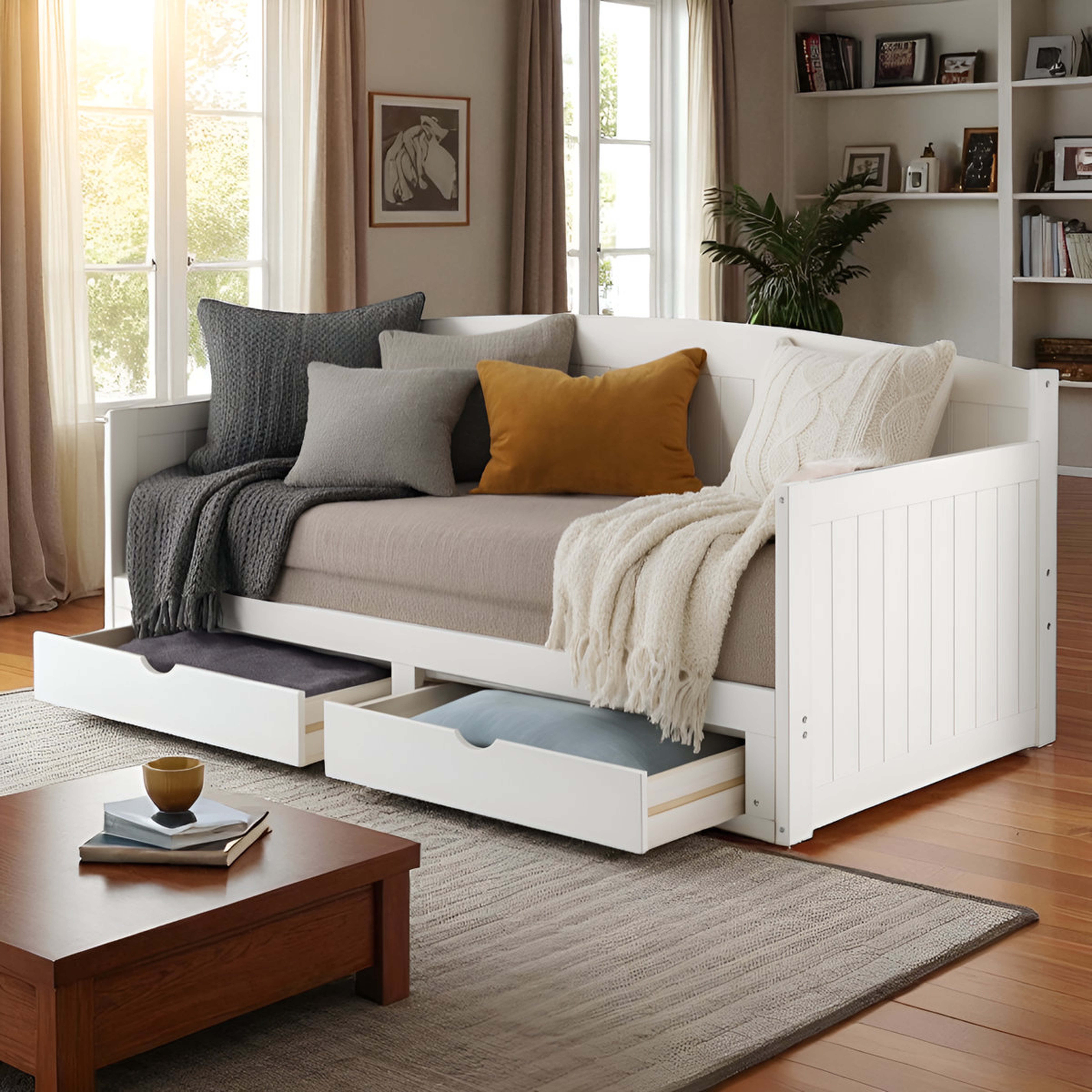 Alaterre Harmony Wood Daybed with Trundle - Twin Size Day Bed with Two Pull Out Drawers, Brazilian Pine, 440 lbs Capacity - Space Saving Daybed Couch for Kids, Guest Room, Living Room - White - Wayfair