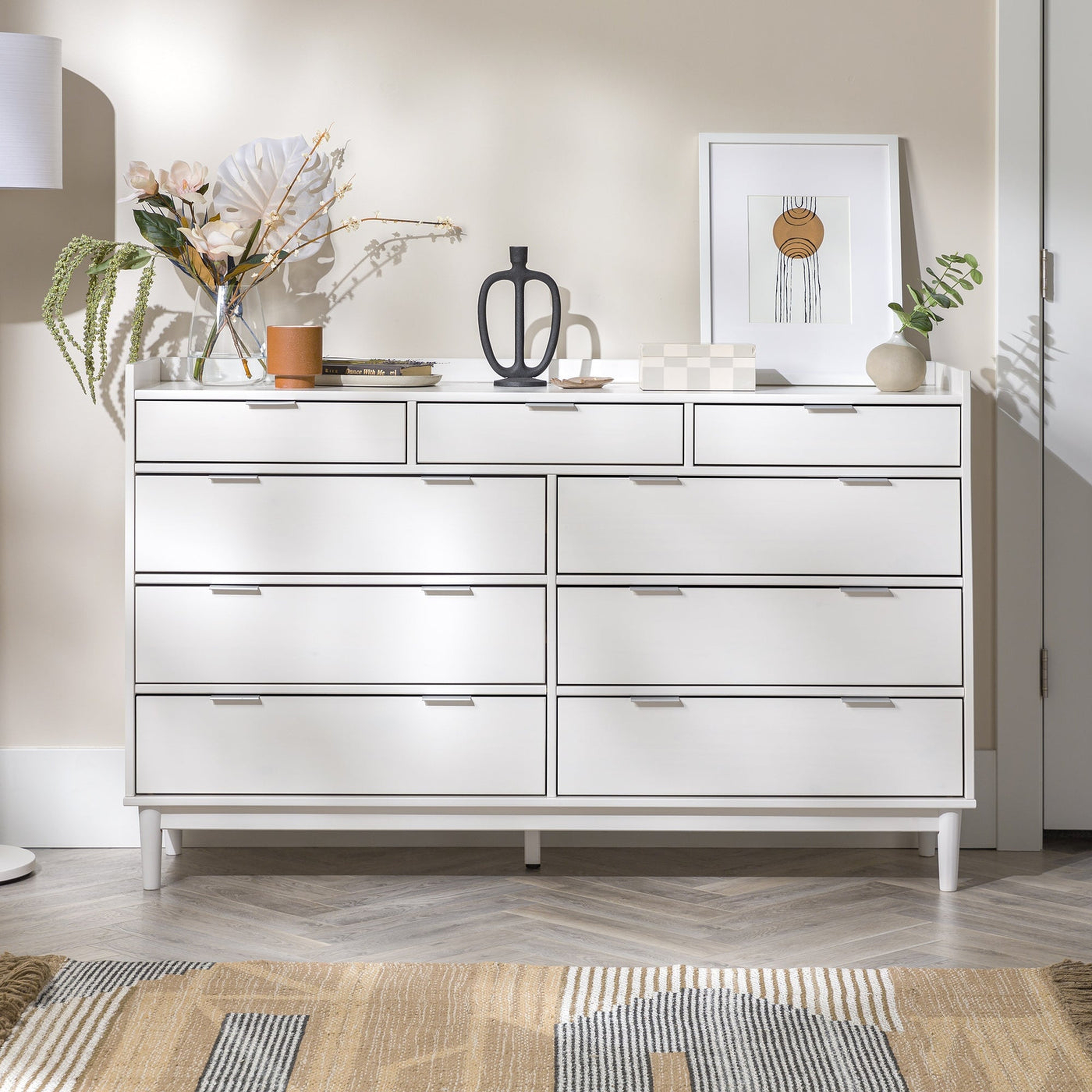 Mid-Century Modern Solid Wood 9-Drawer Dresser – White - Walker Edison