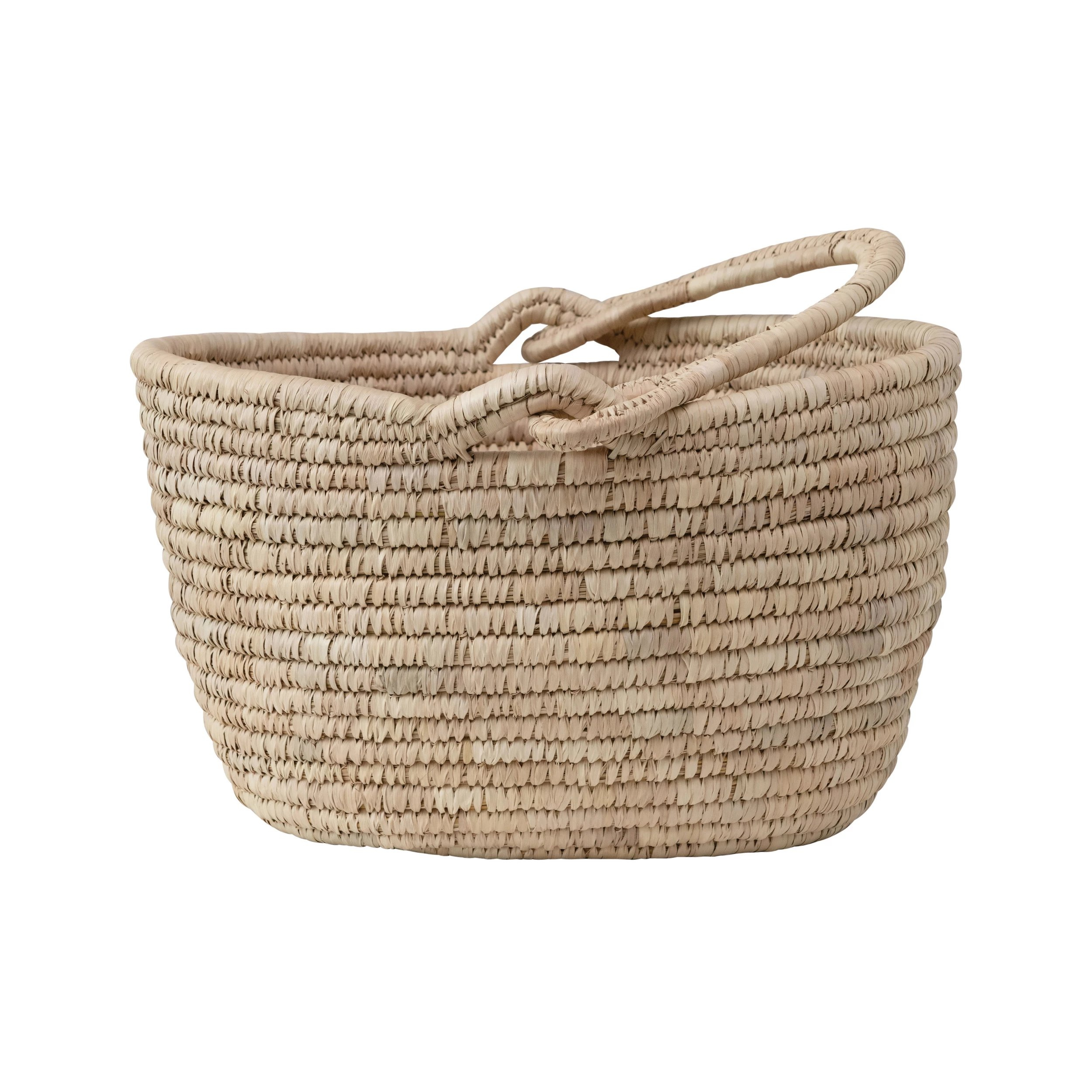 Hand-Woven Grass and Date Leaf Basket with Handle - Creative Co-Op