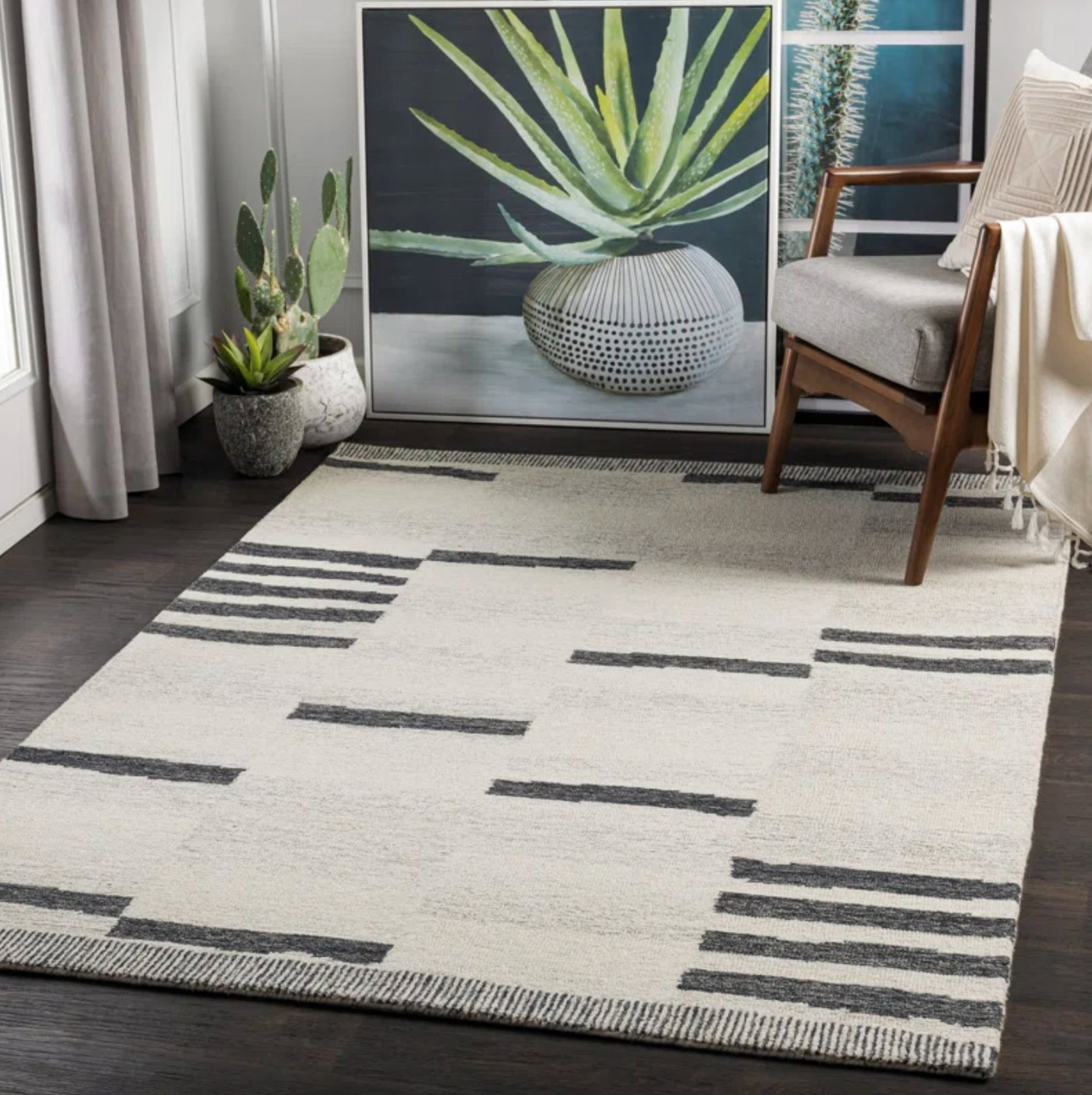 Uptown Striped Handmade Tufted Wool Cream/Black Area Rug - AllModern