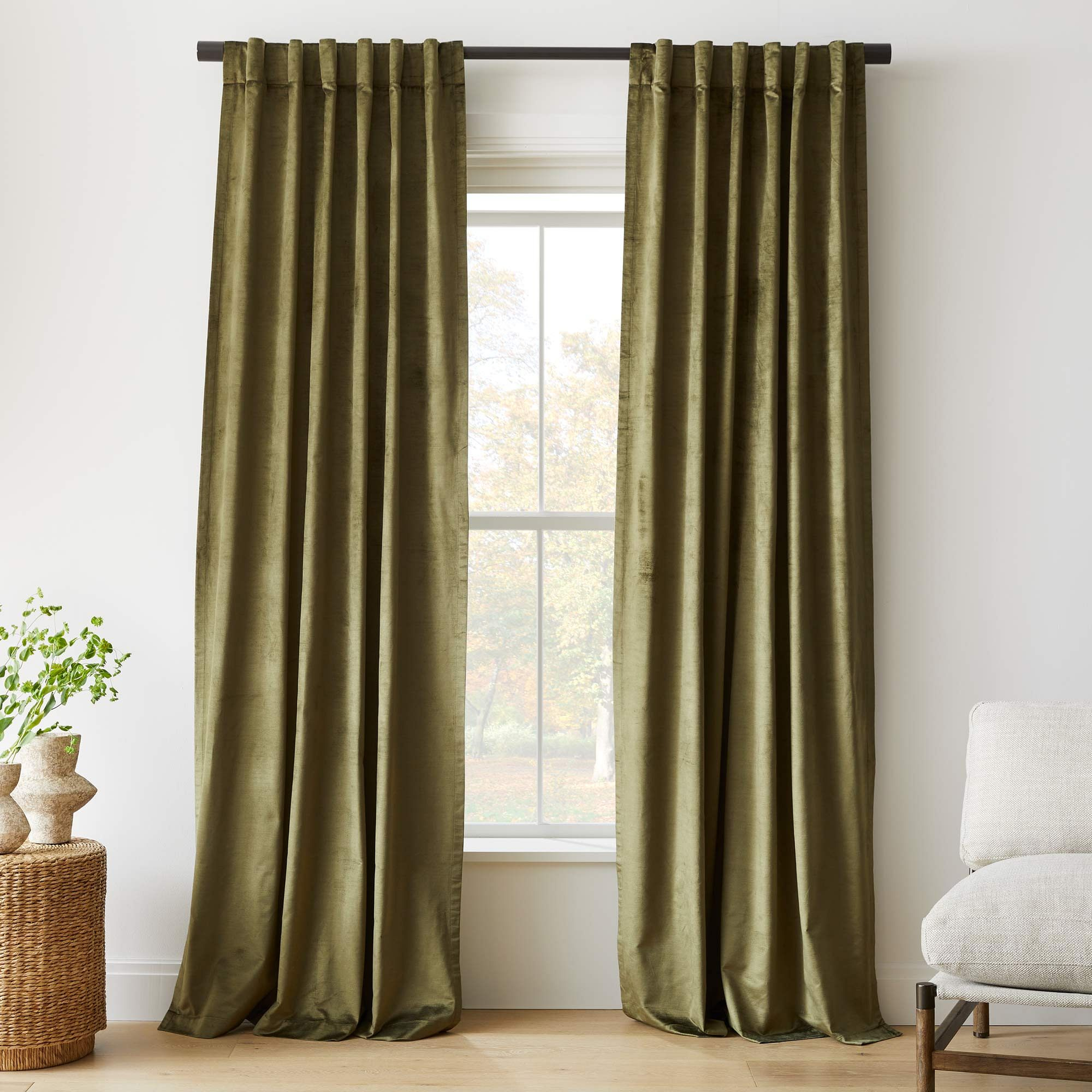 Luster Velvet Curtain, Dark Olive, 48"x96" - West Elm