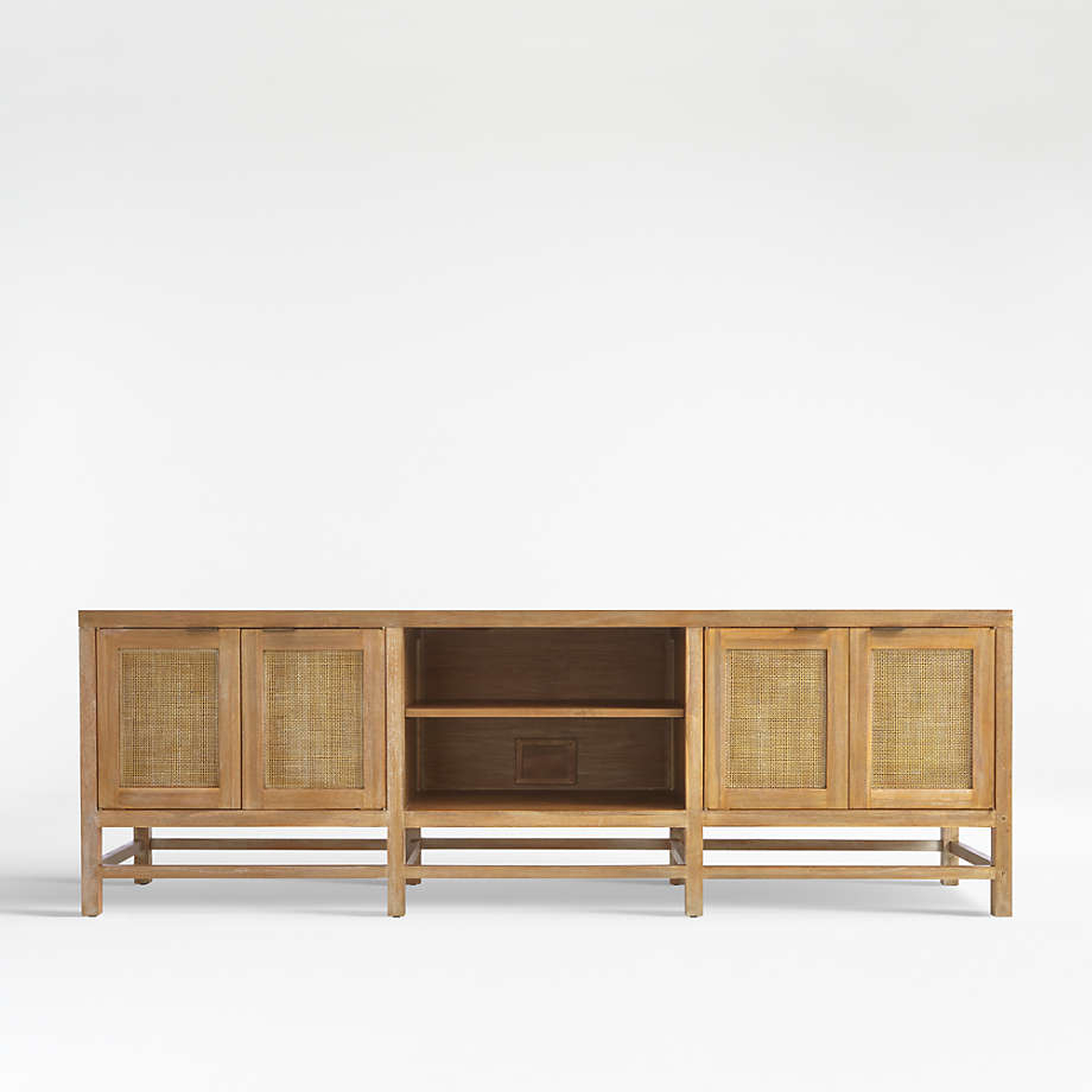 Blake 85" Light Brown Teak and Rattan Storage Media Console - Crate and Barrel