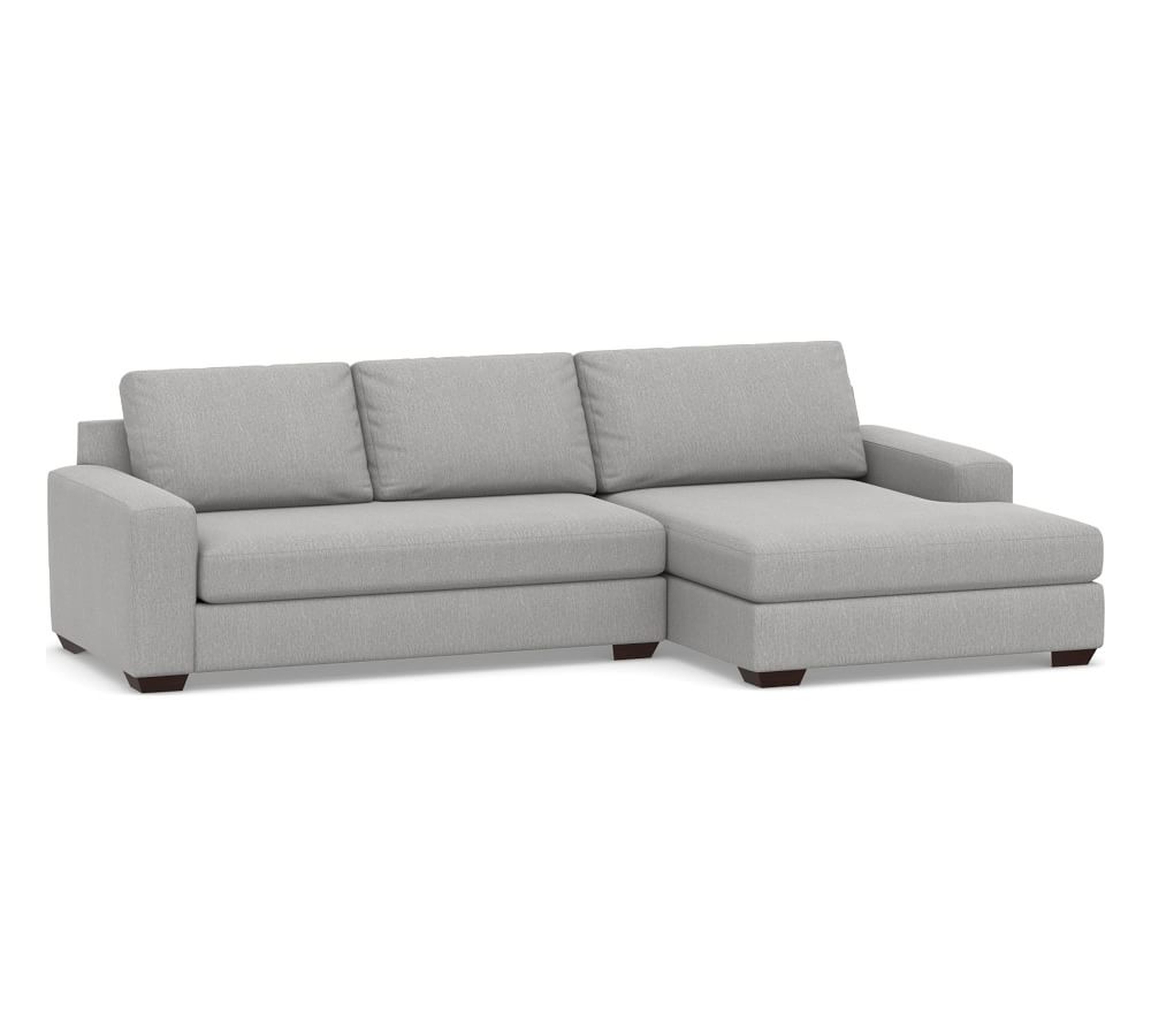 Big Sur Square Arm Upholstered Left Arm Loveseat with Double Chaise Sectional with Bench Cushion, Down Blend Wrapped Cushions, Sunbrella(R) Performance Chenille Fog - Pottery Barn