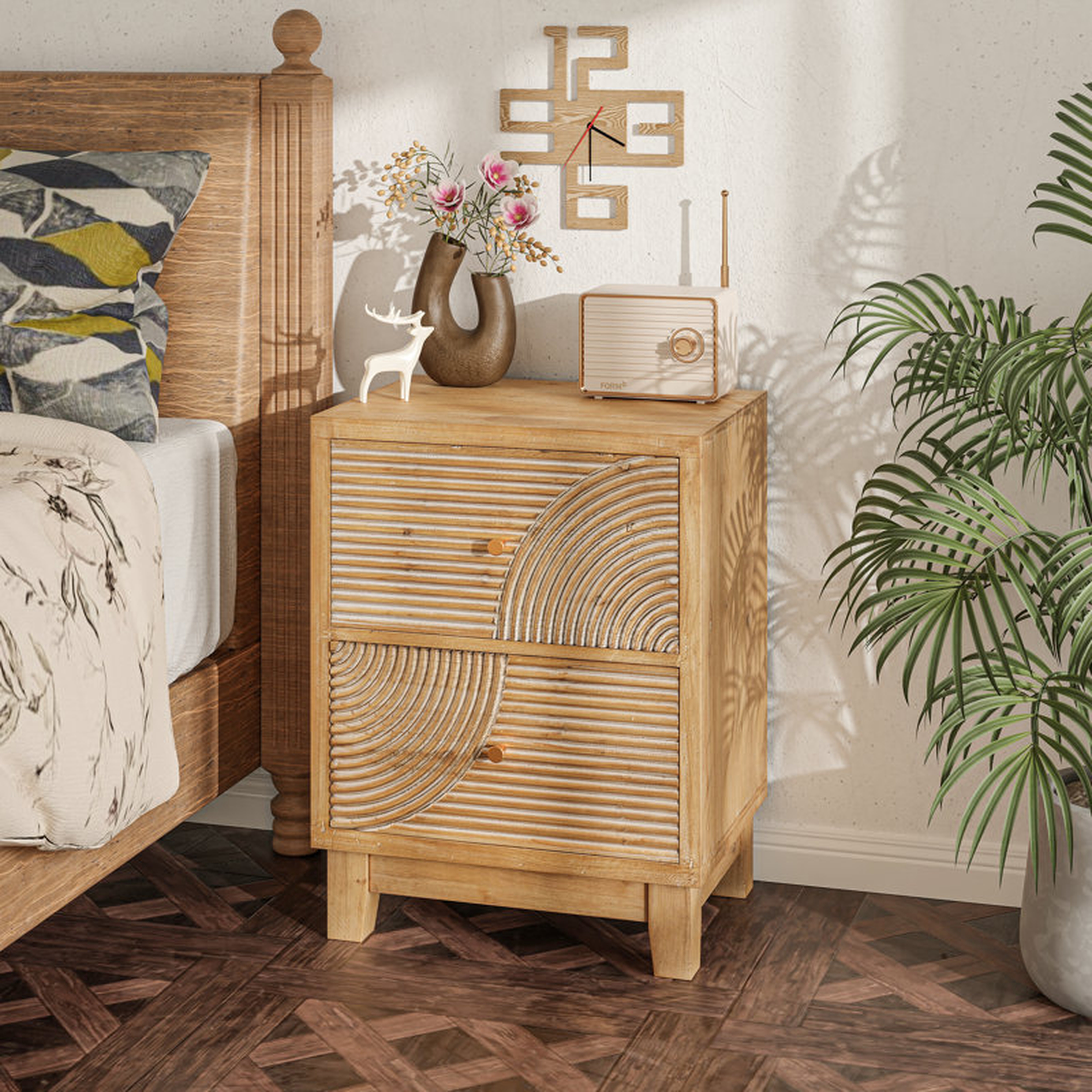 Fayola Farmhouse Brown 2 Drawers Nightstand with Ring Pattern - Wayfair