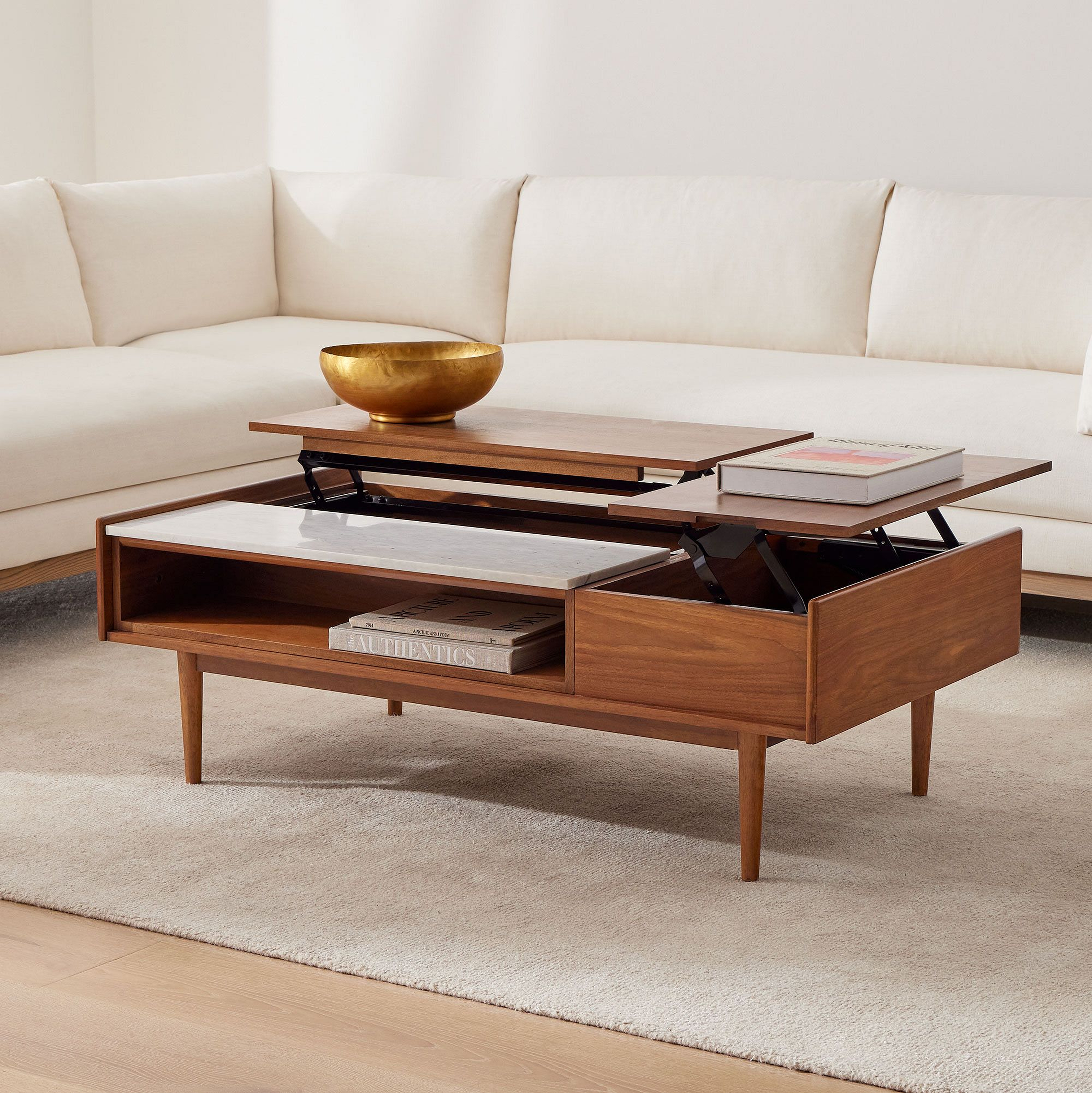 Mid-Century Double Pop Up 51" Coffee Table, Walnut, Marble - West Elm