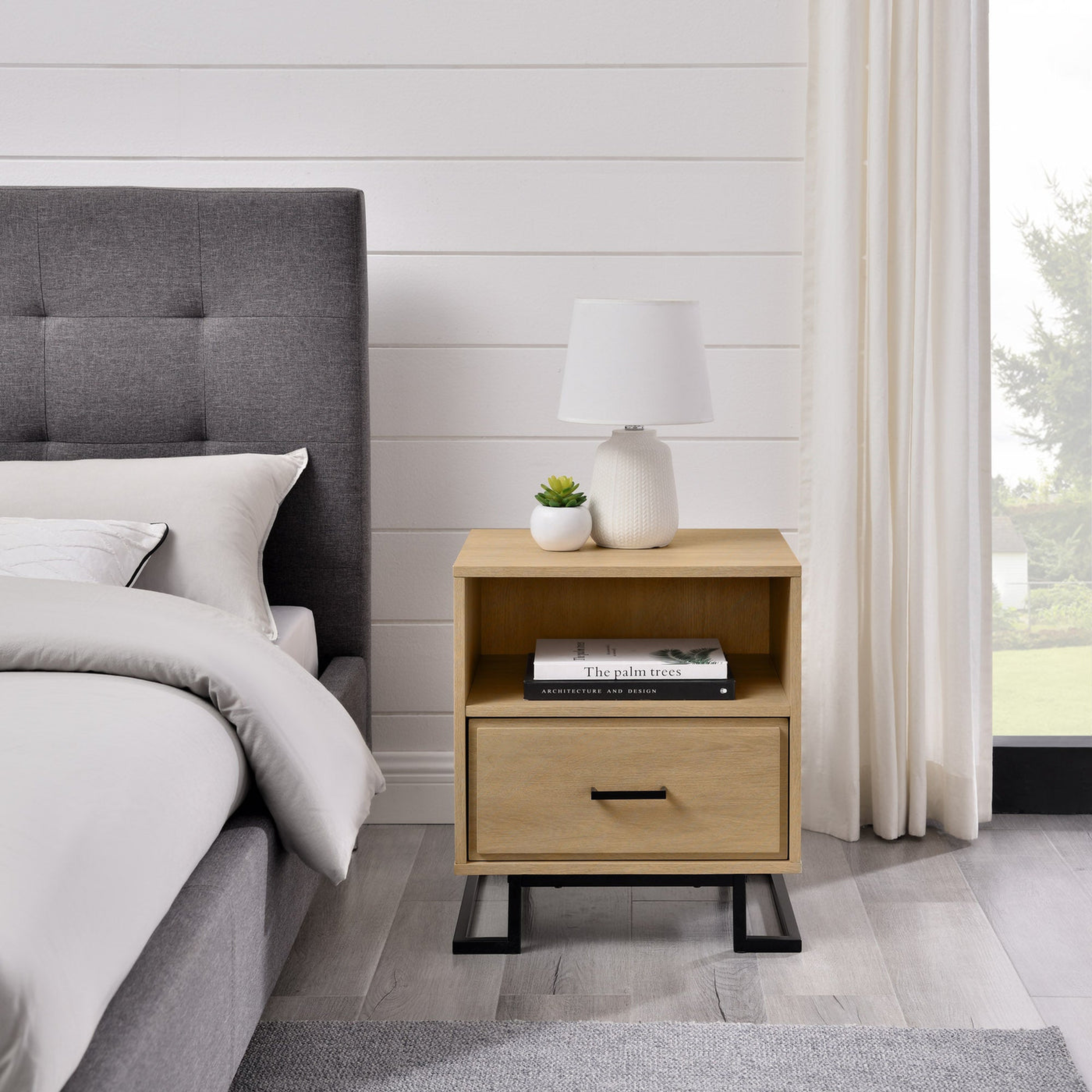 20" Contemporary Metal and Wood Night Stand with One-Drawer - Coastal Oak - Walker Edison