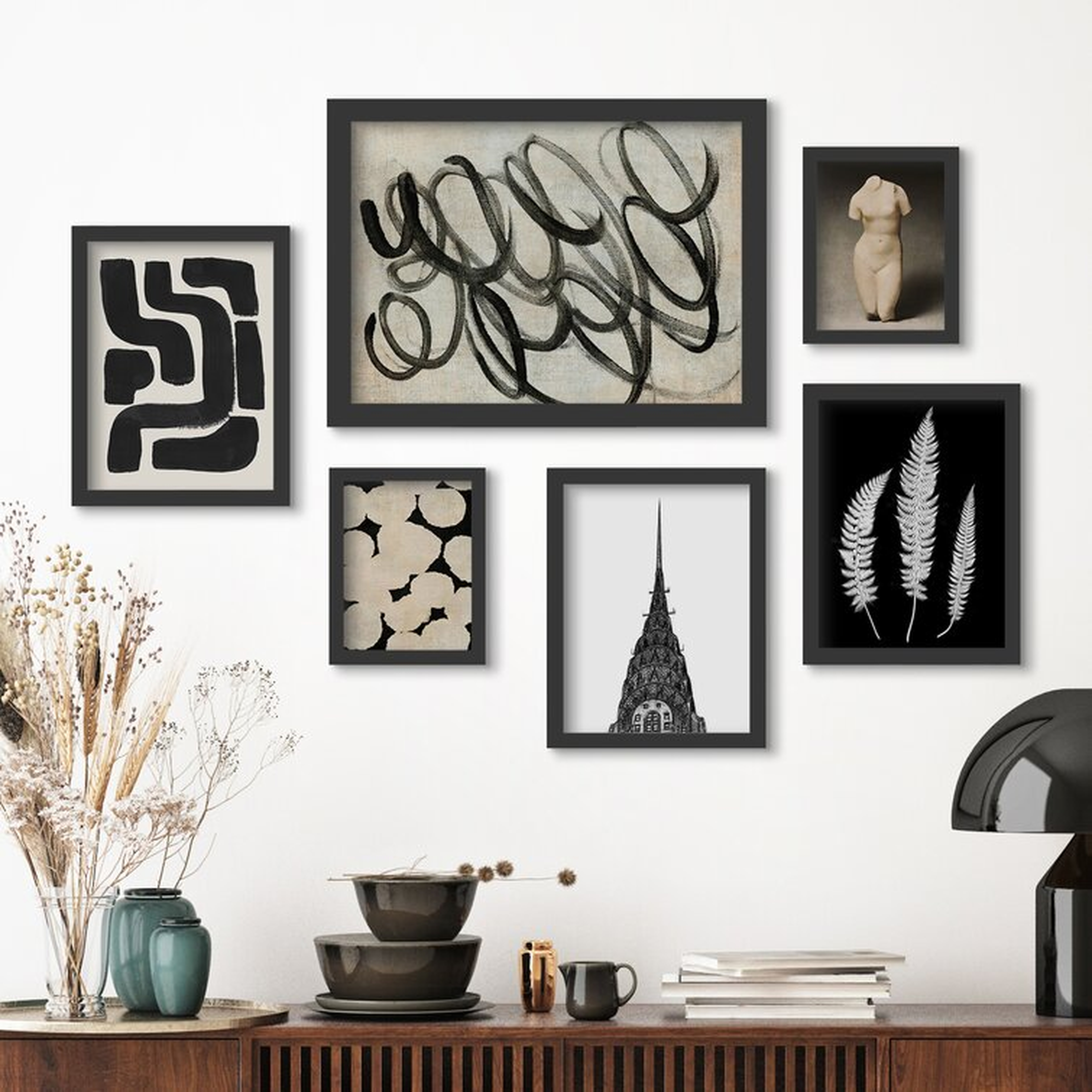 Monochromatic Ink Maze Building Scribble - 6 Piece Picture Frame Print Set on Paper BLACK FRAME - Wayfair