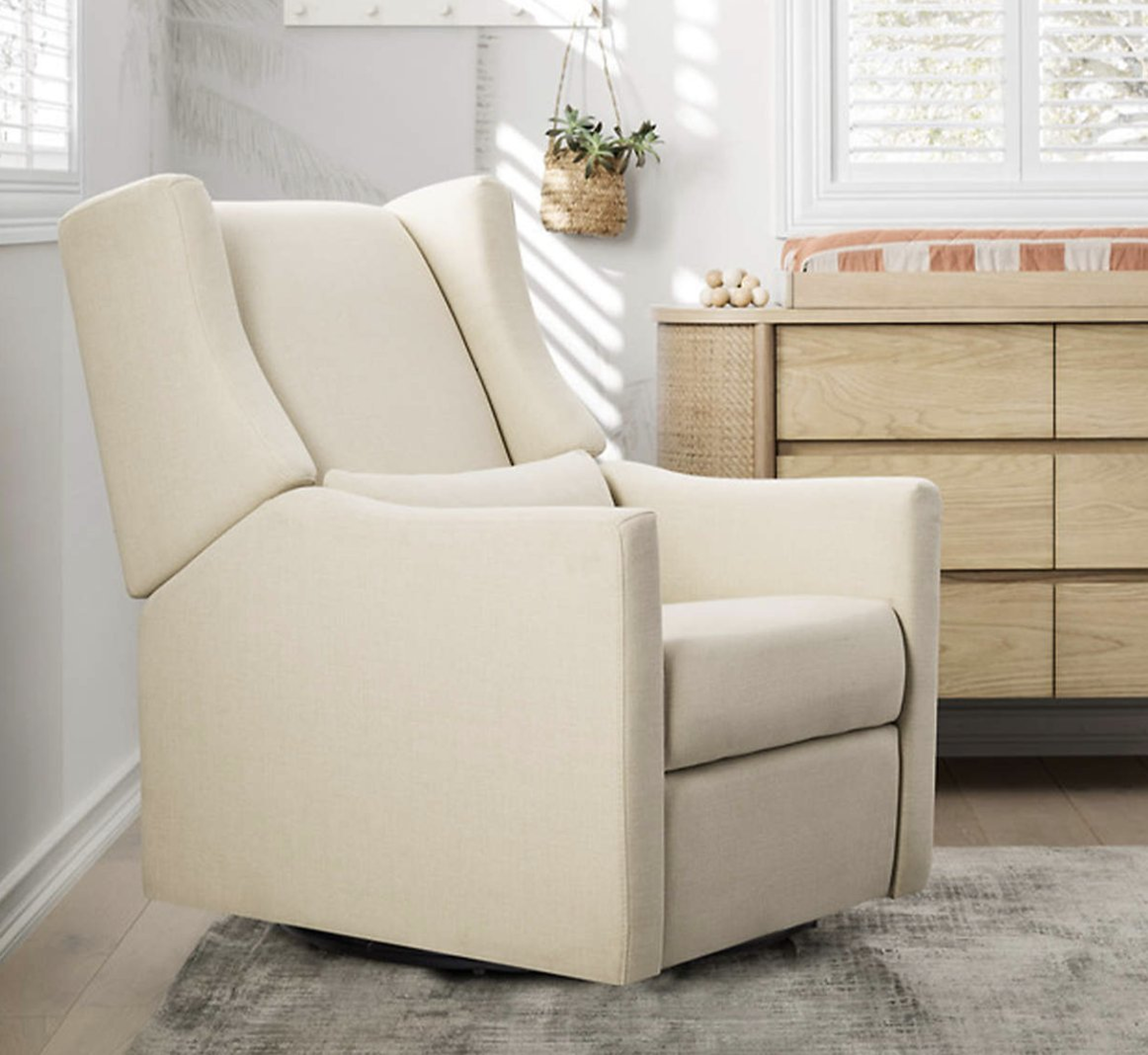 Babyletto Kiwi Cream Nursery Power Glider Recliner Chair with Natural Wood Base - Crate & Kids