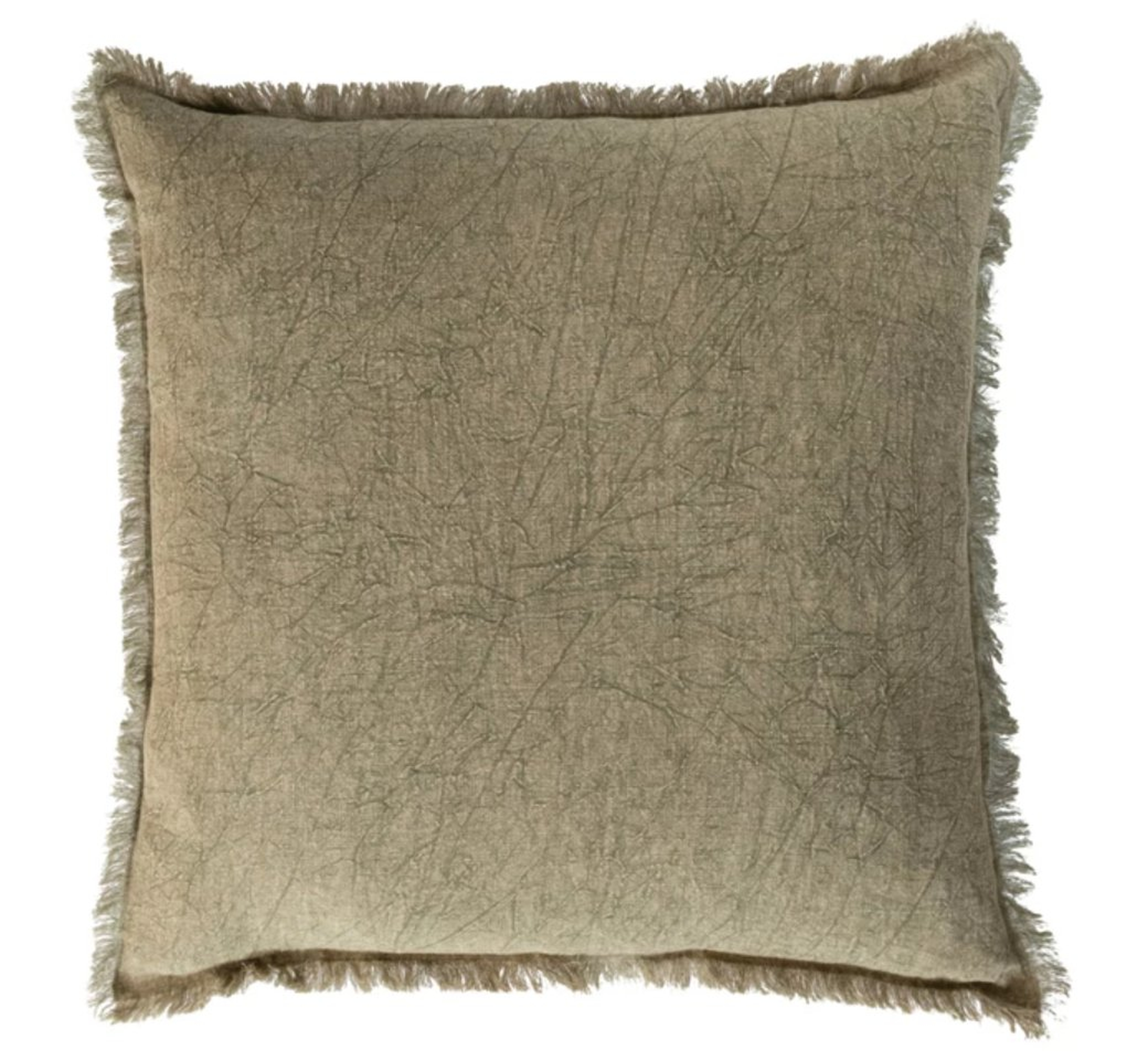 20 Inches Square Stonewashed Linen Pillow with Fringe, Olive - Creative Co-Op