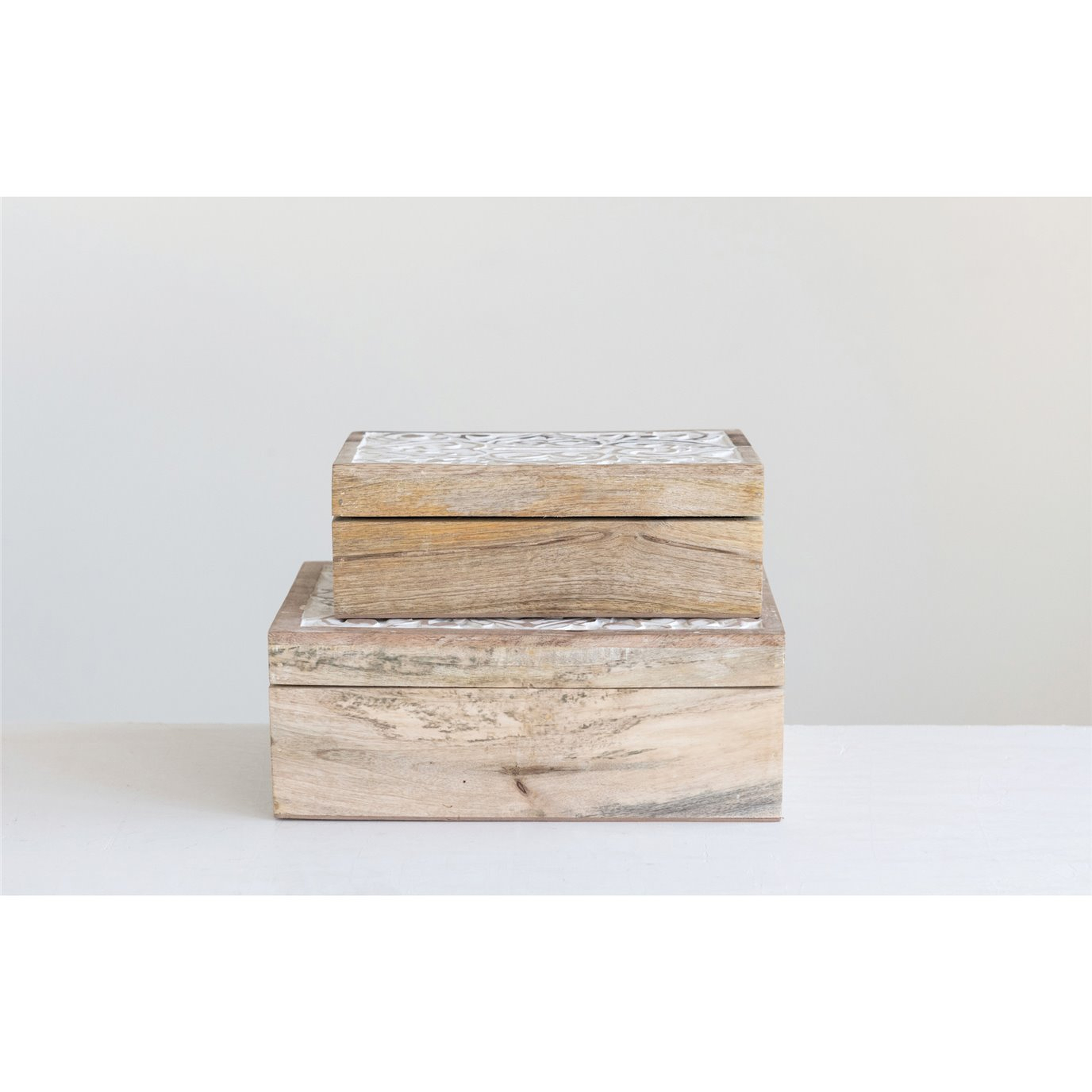 Handcarved & Whitewashed Mango Wood Boxes (Set of 2 Sizes) - Creative Co-Op
