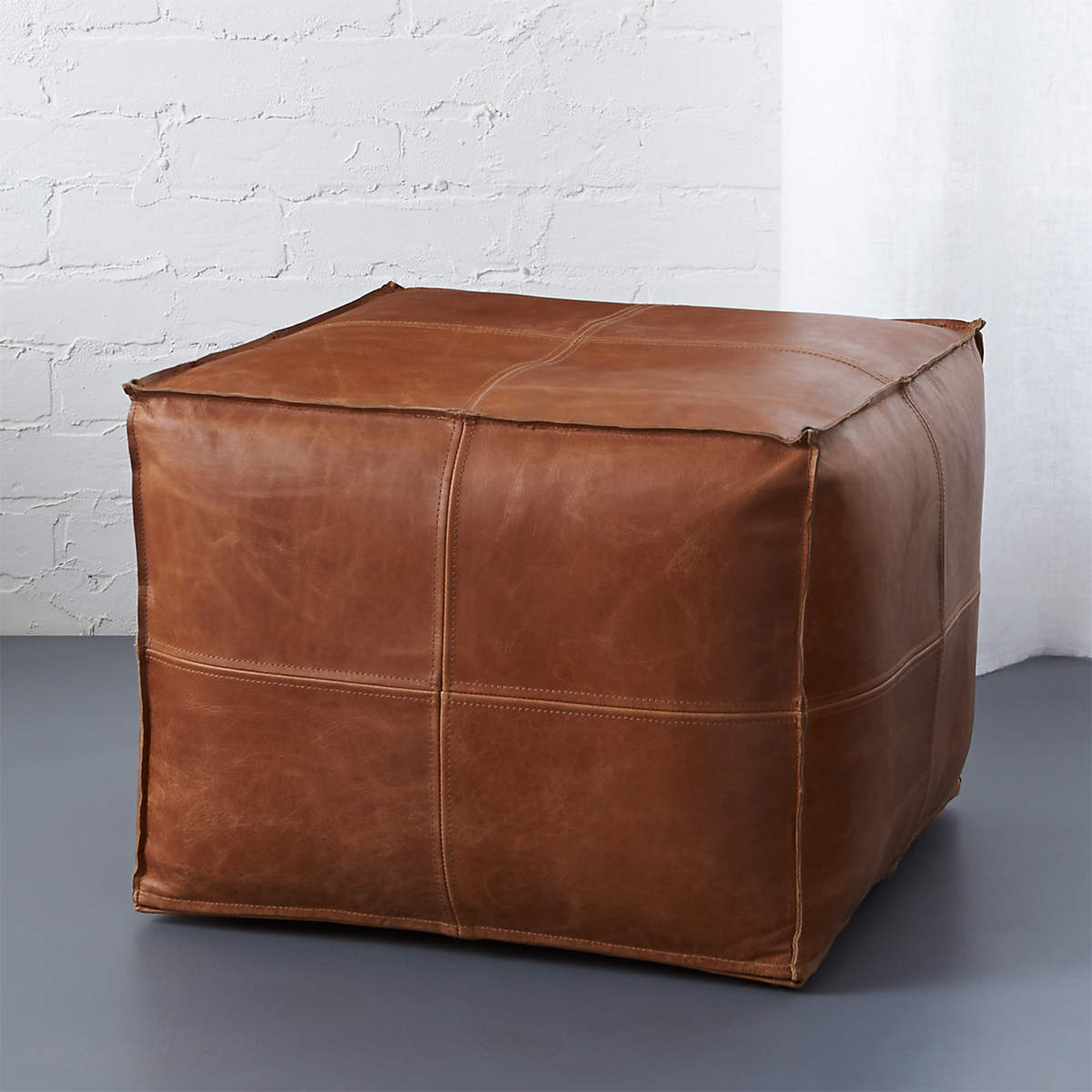 Leather Square Brown Pouf - CB2