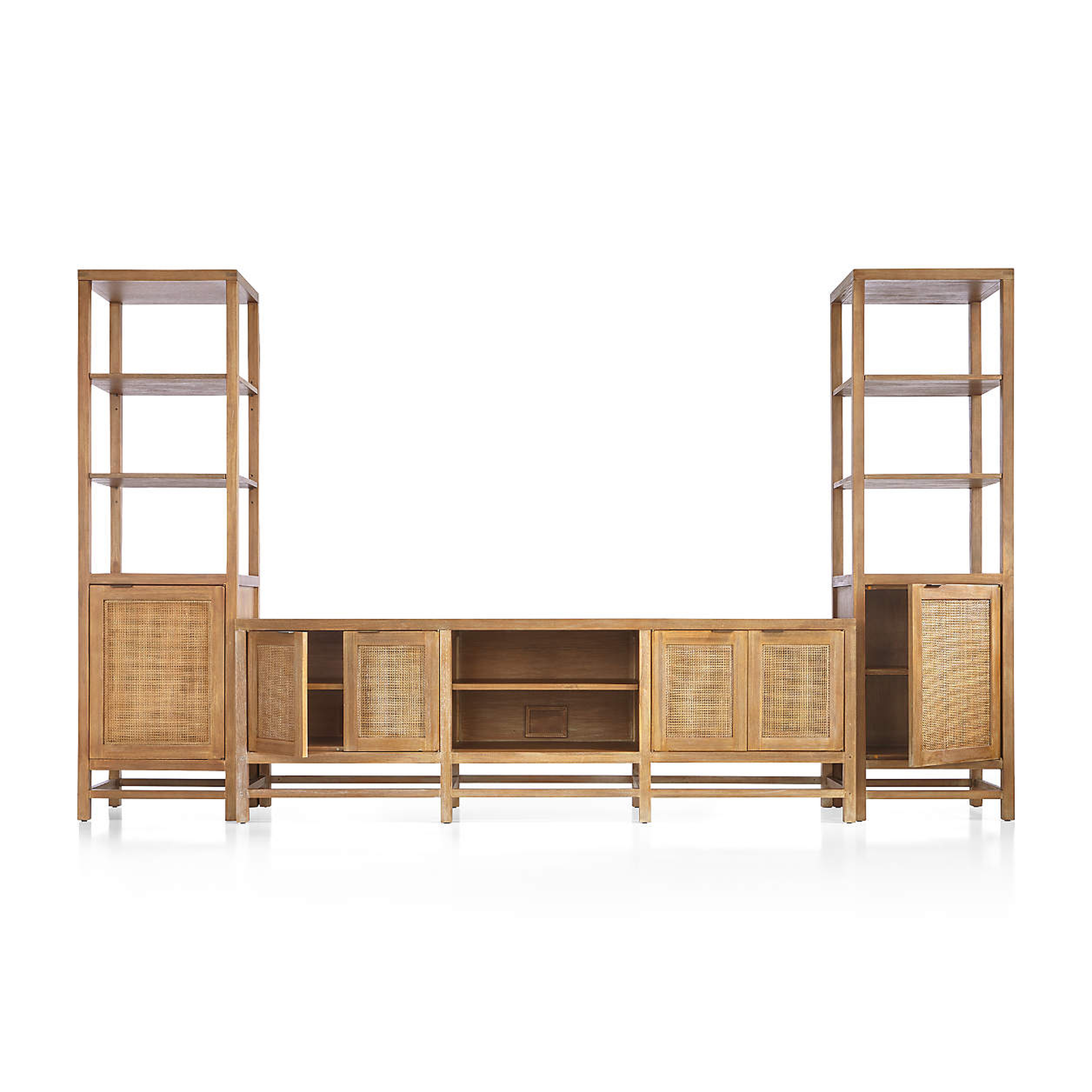 Blake 85" Light Brown Teak and Rattan Storage Media Console with 2 Tall Cabinets - Crate and Barrel