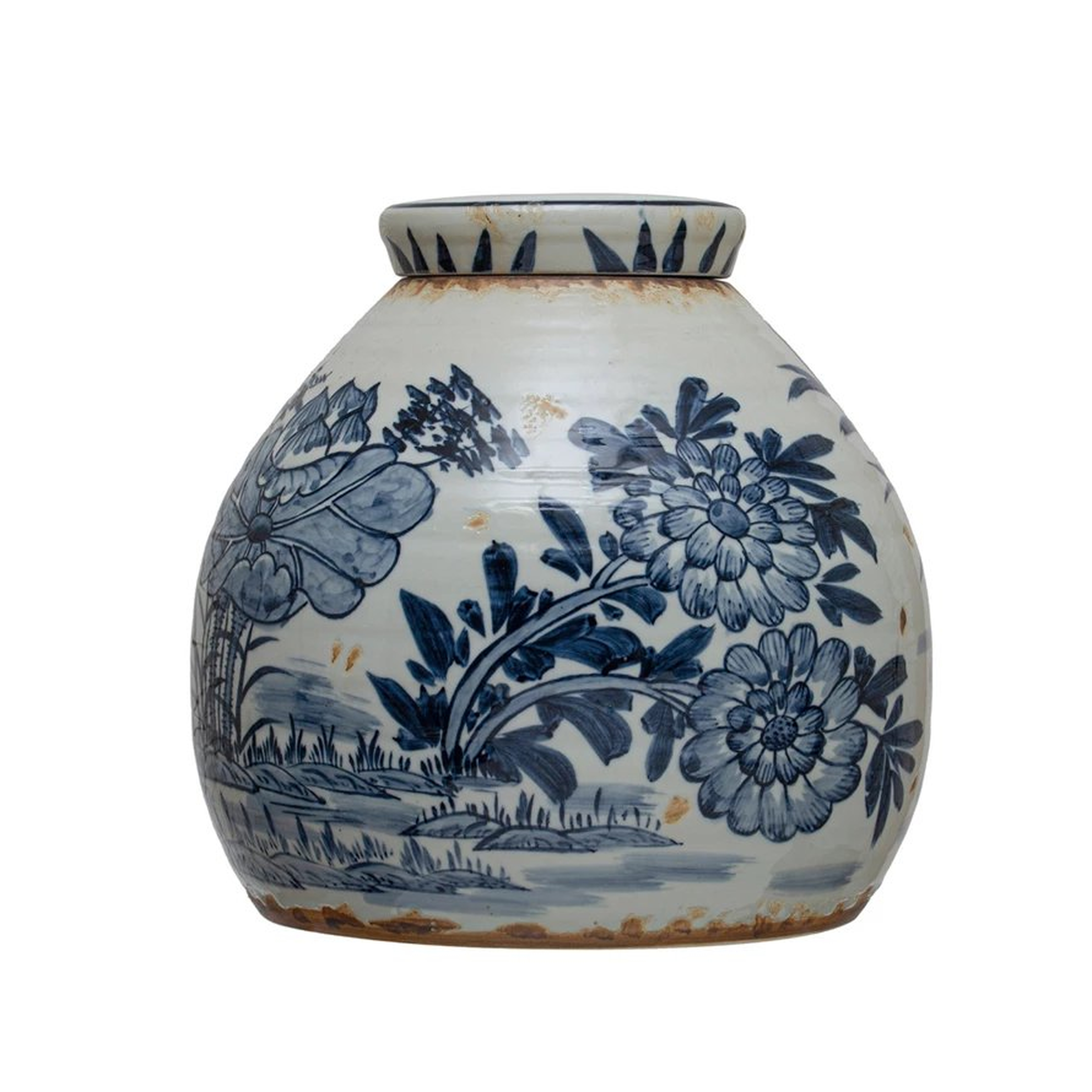  Decorative Stoneware Ginger Jar, Distressed Blue and White - Creative Co-Op