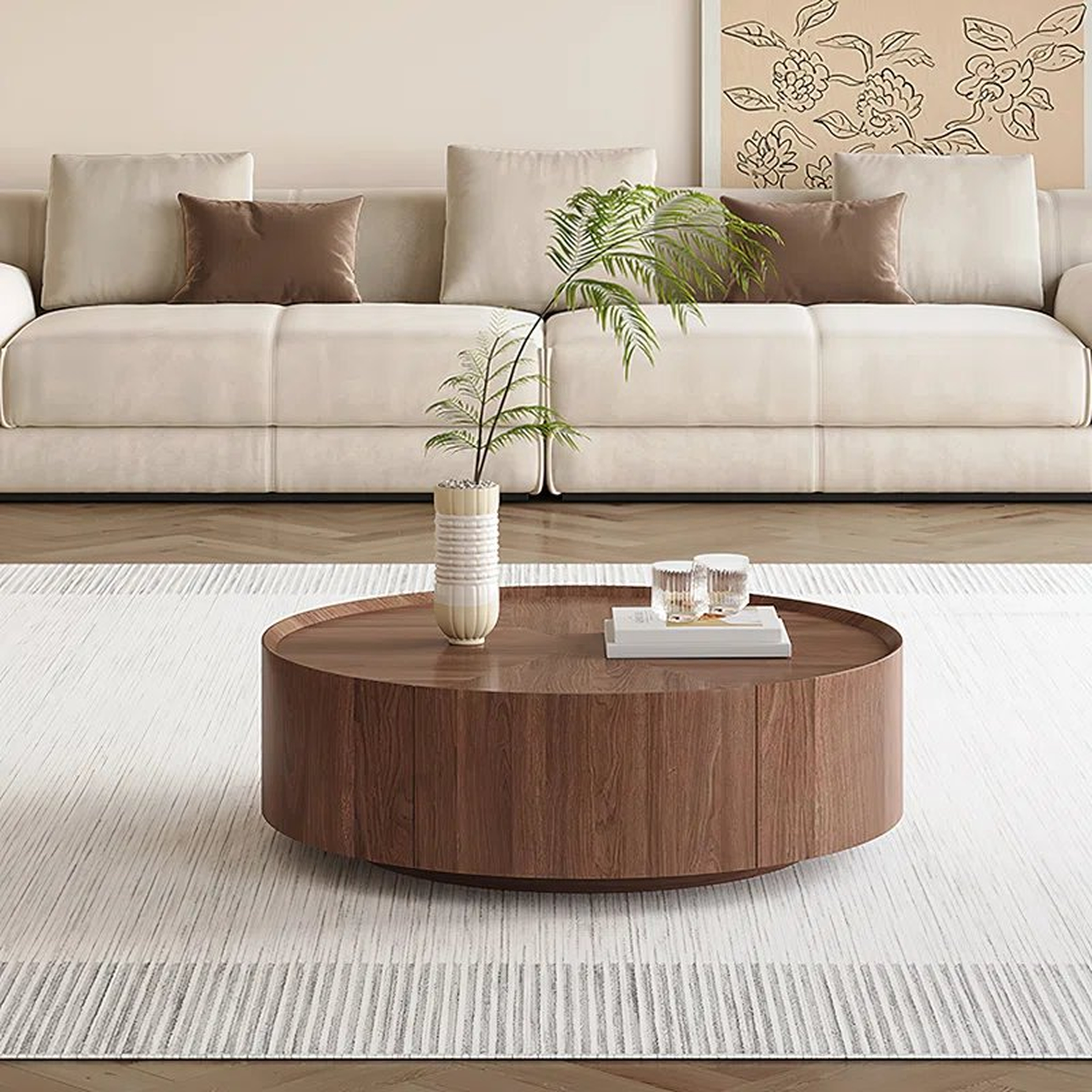 Walnut Round Coffee Table With 2 Storage Drawers - Wayfair