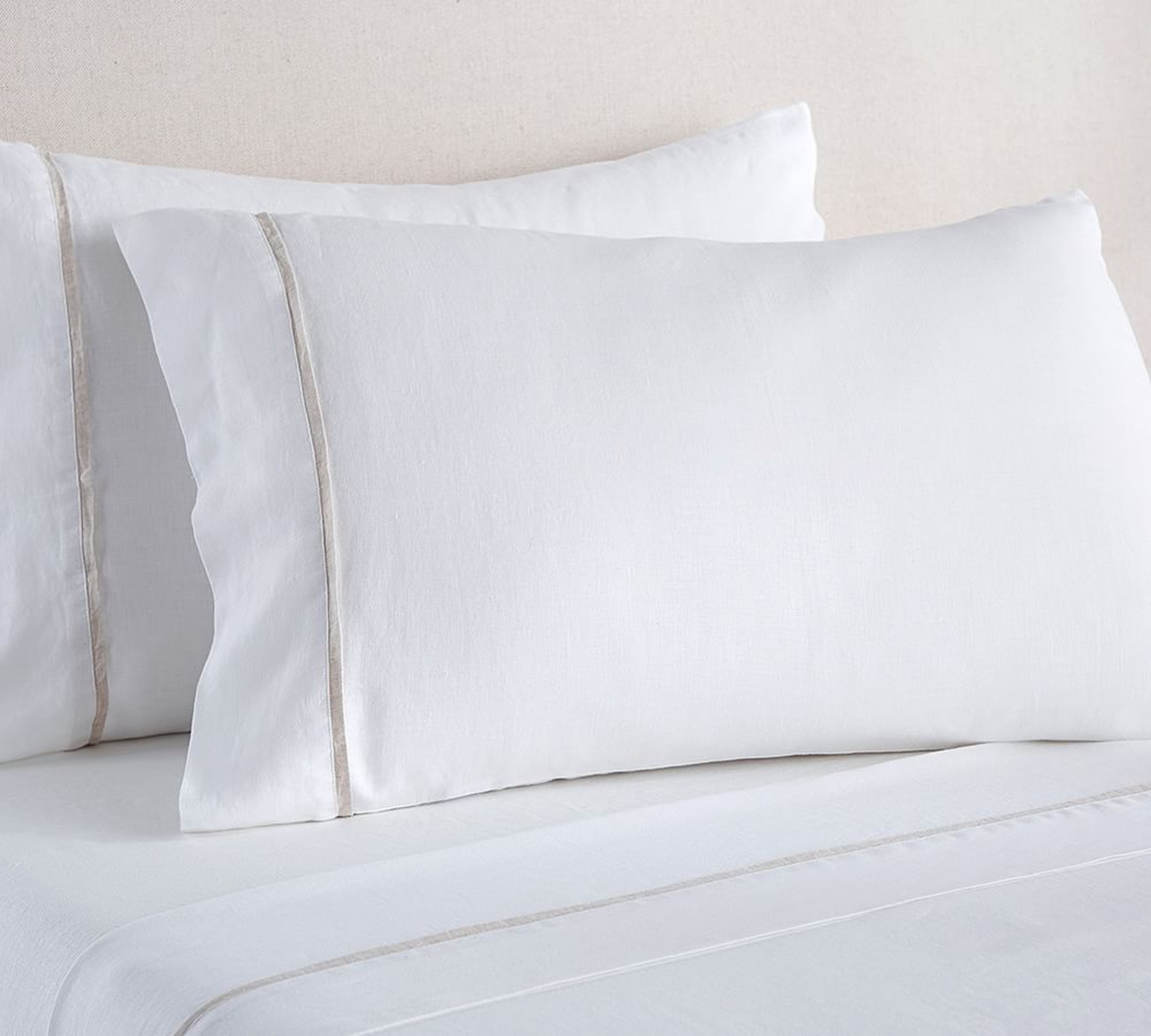 Belgian Flax Linen Contrast Flange Sheet Set, King, White/Natural - Pottery Barn