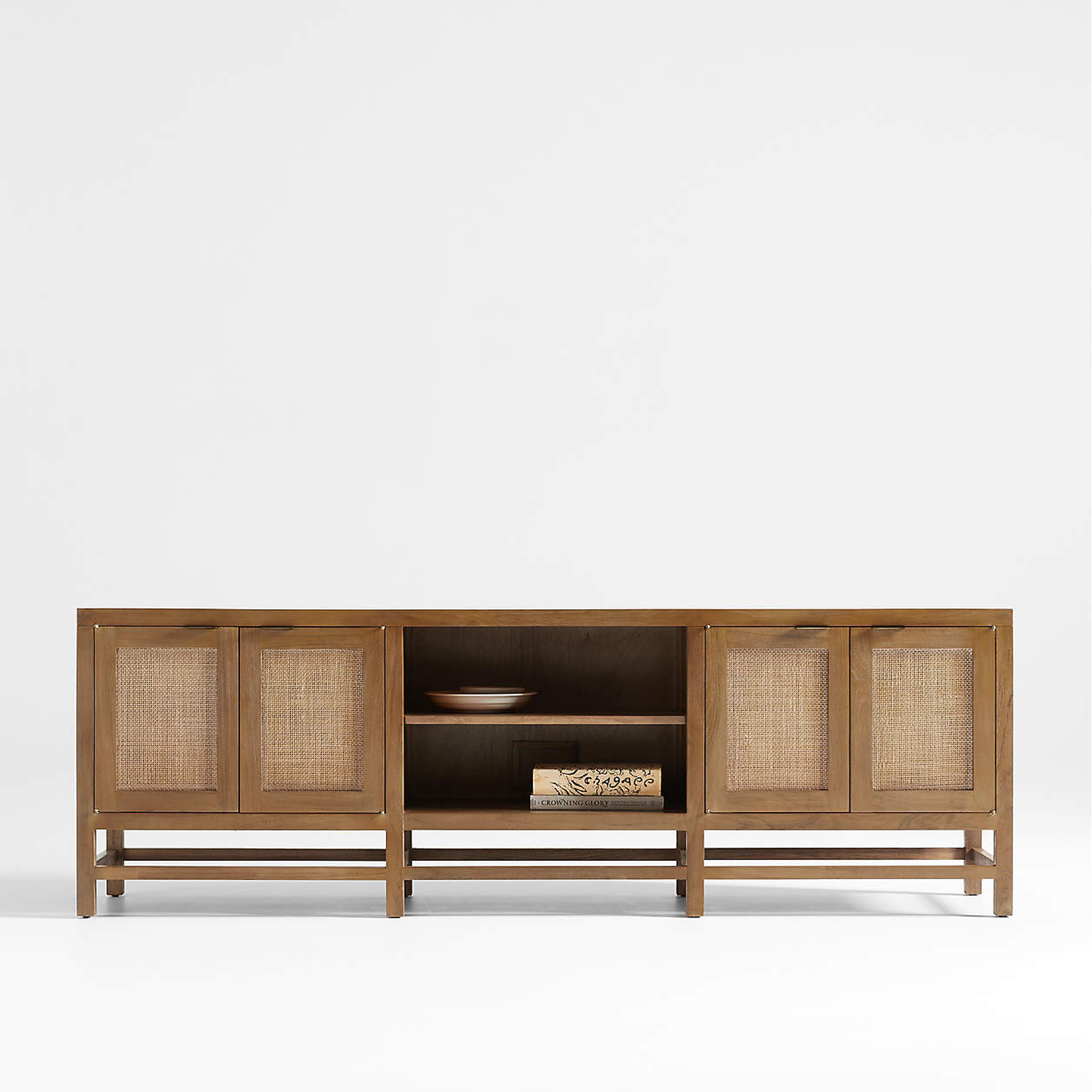 Blake 85" Light Brown Teak and Rattan Storage Media Console - Crate and Barrel