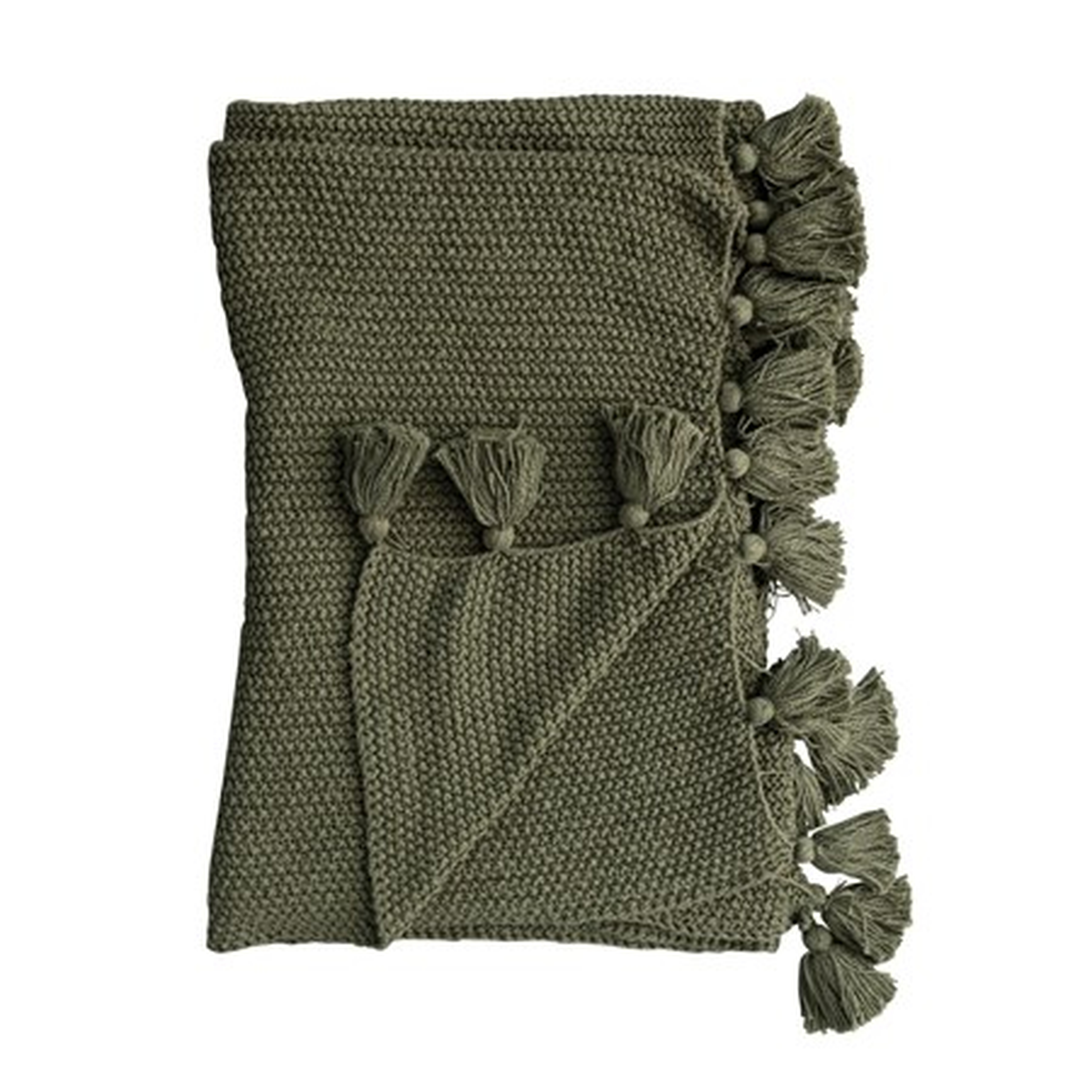 Cotton Knit Throw Blanket with Tassels, Olive Green - Creative Co-Op