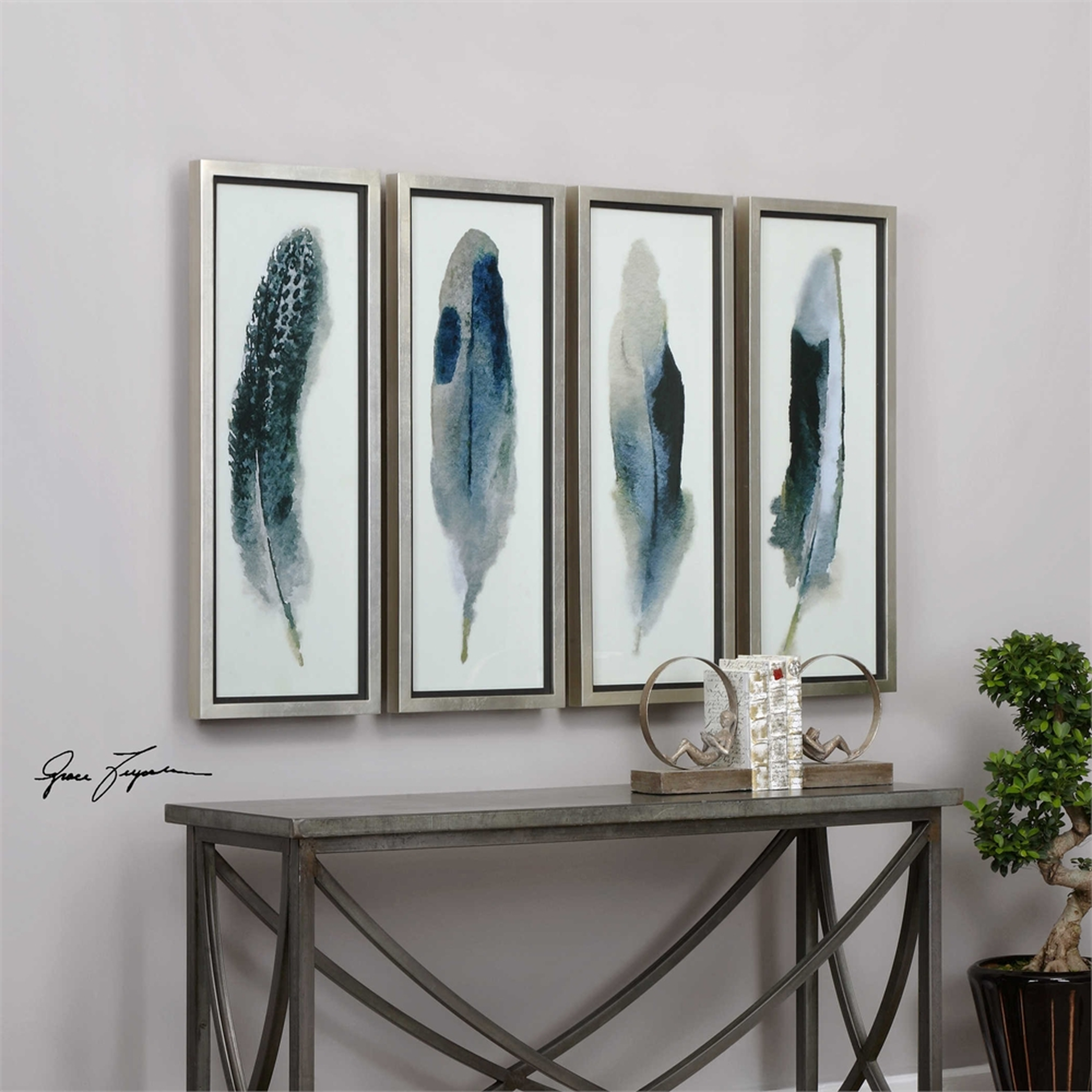 Feathered Beauty, S/4-14"x38"-Framed ( champagne silver) - Hudsonhill Foundry