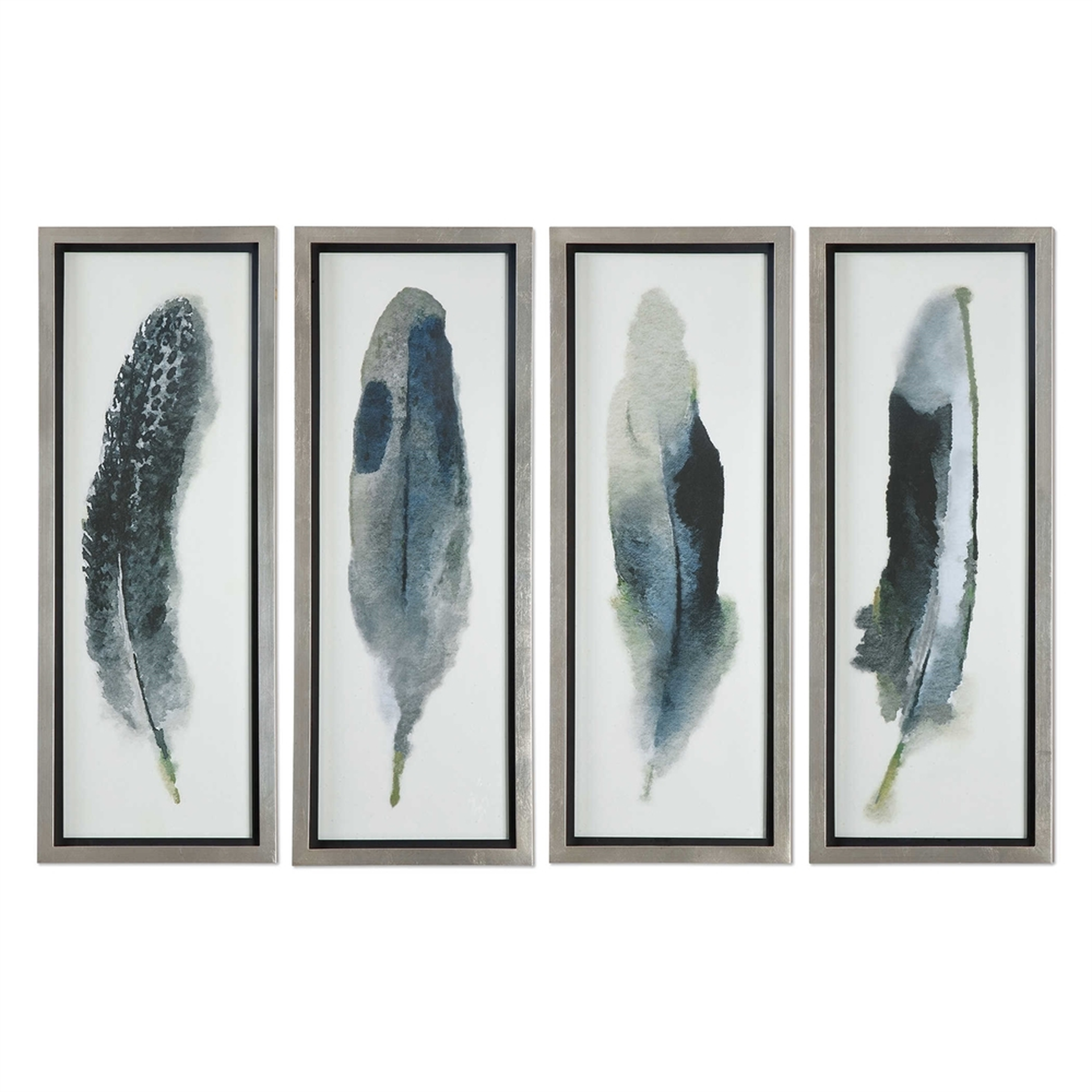 Feathered Beauty, S/4 - 14 W X 38 H D (in) - Champagne Silver Frame, No Mat - Hudsonhill Foundry