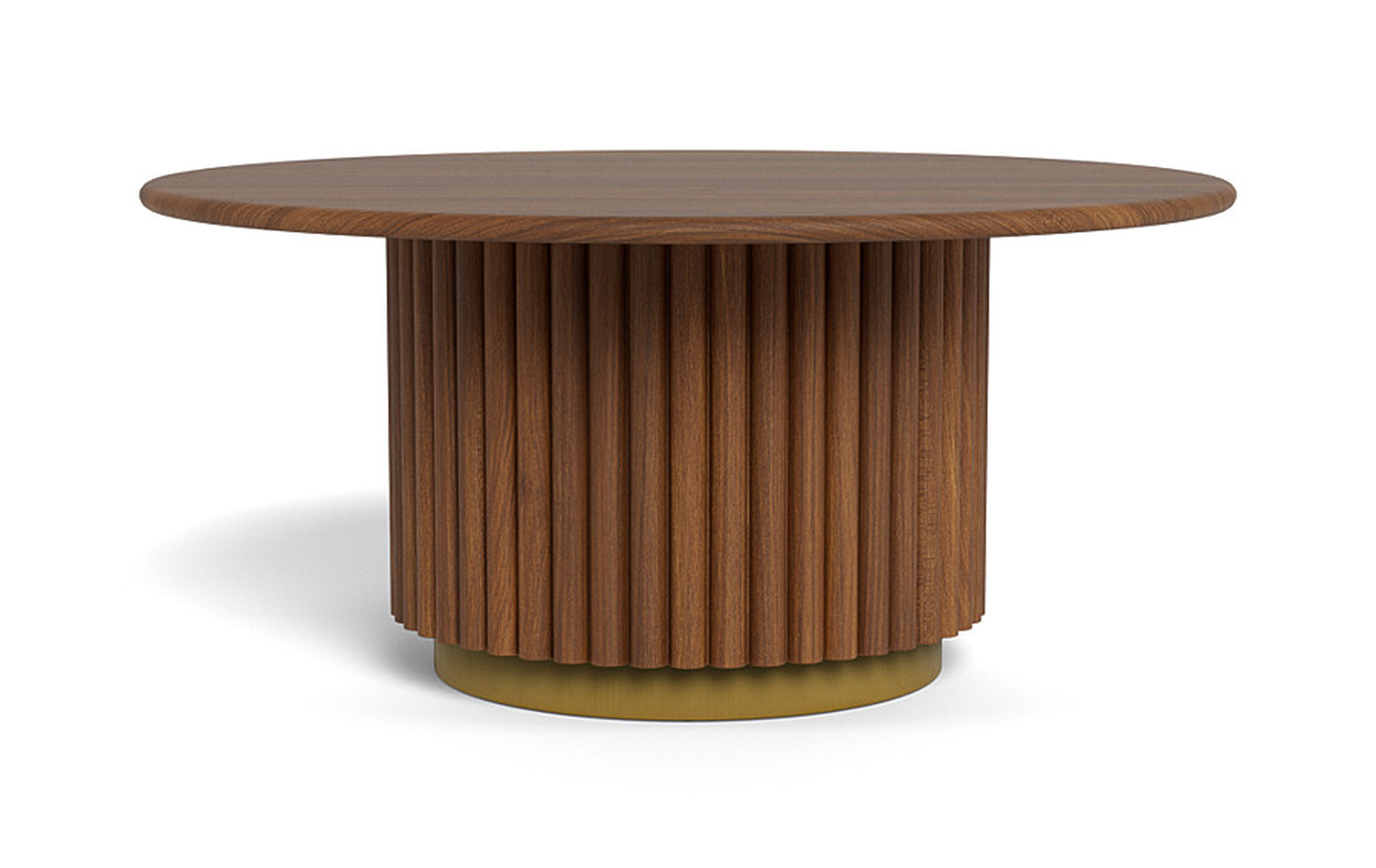 Nina Round Coffee Table | Oiled Walnut Stain on Rubberwood | Reeded Base | Brass Trim - Interior Define