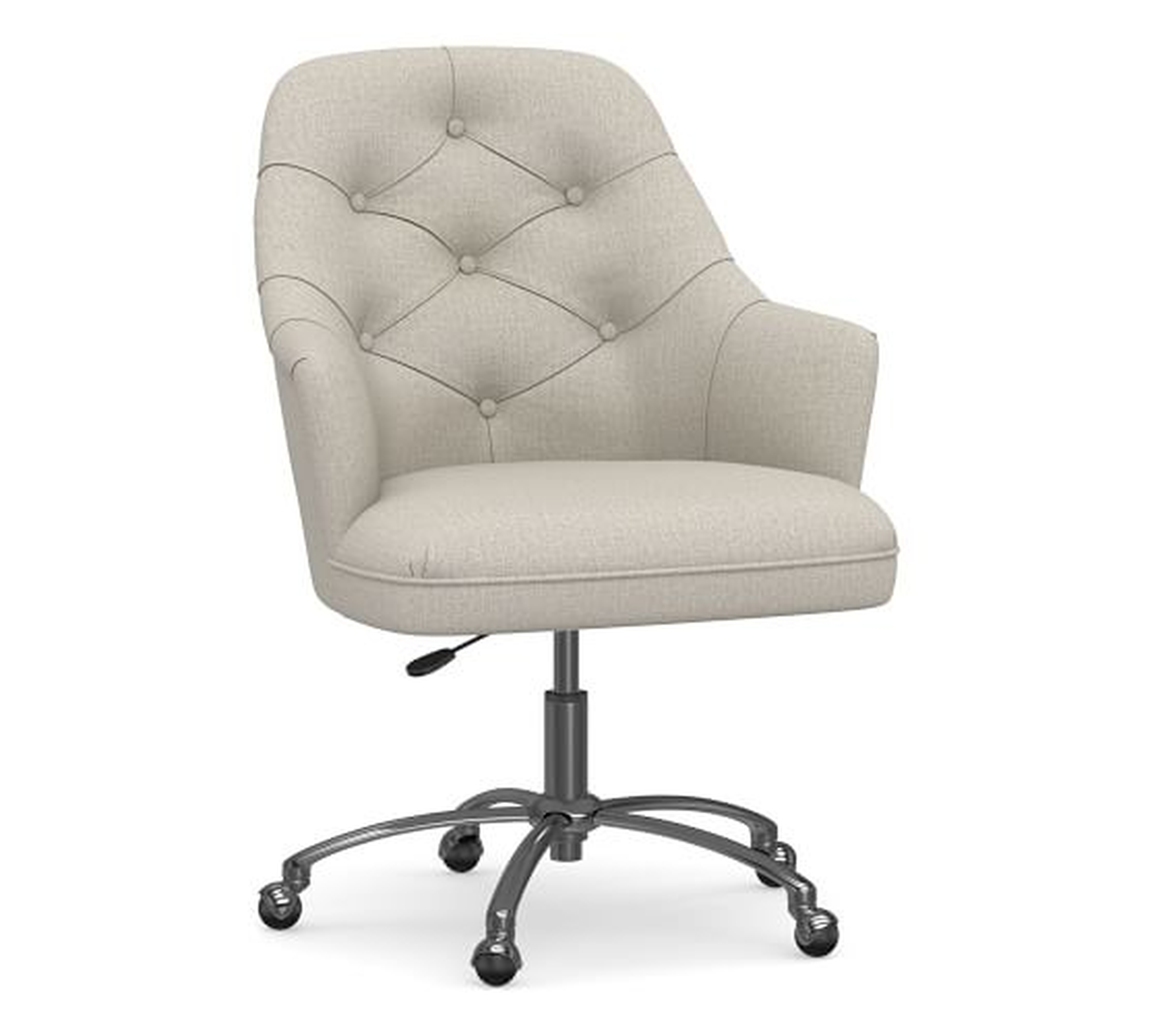 Everett Upholstered Desk Chair, Polished Nickel Swivel Base, Performance Heathered Tweed Pebble - Pottery Barn