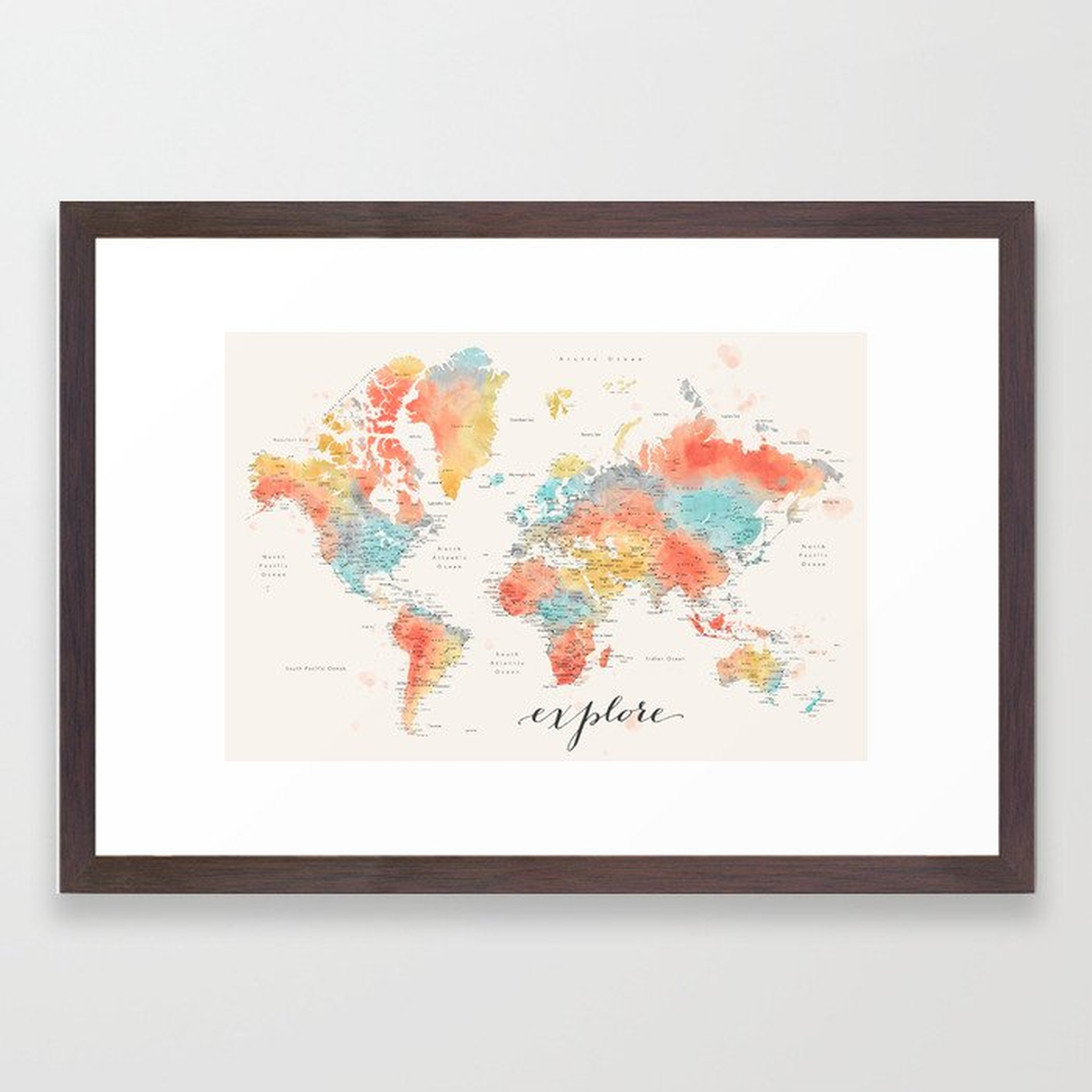 "Explore" - Colorful watercolor world map with cities Framed Art Print - Society6