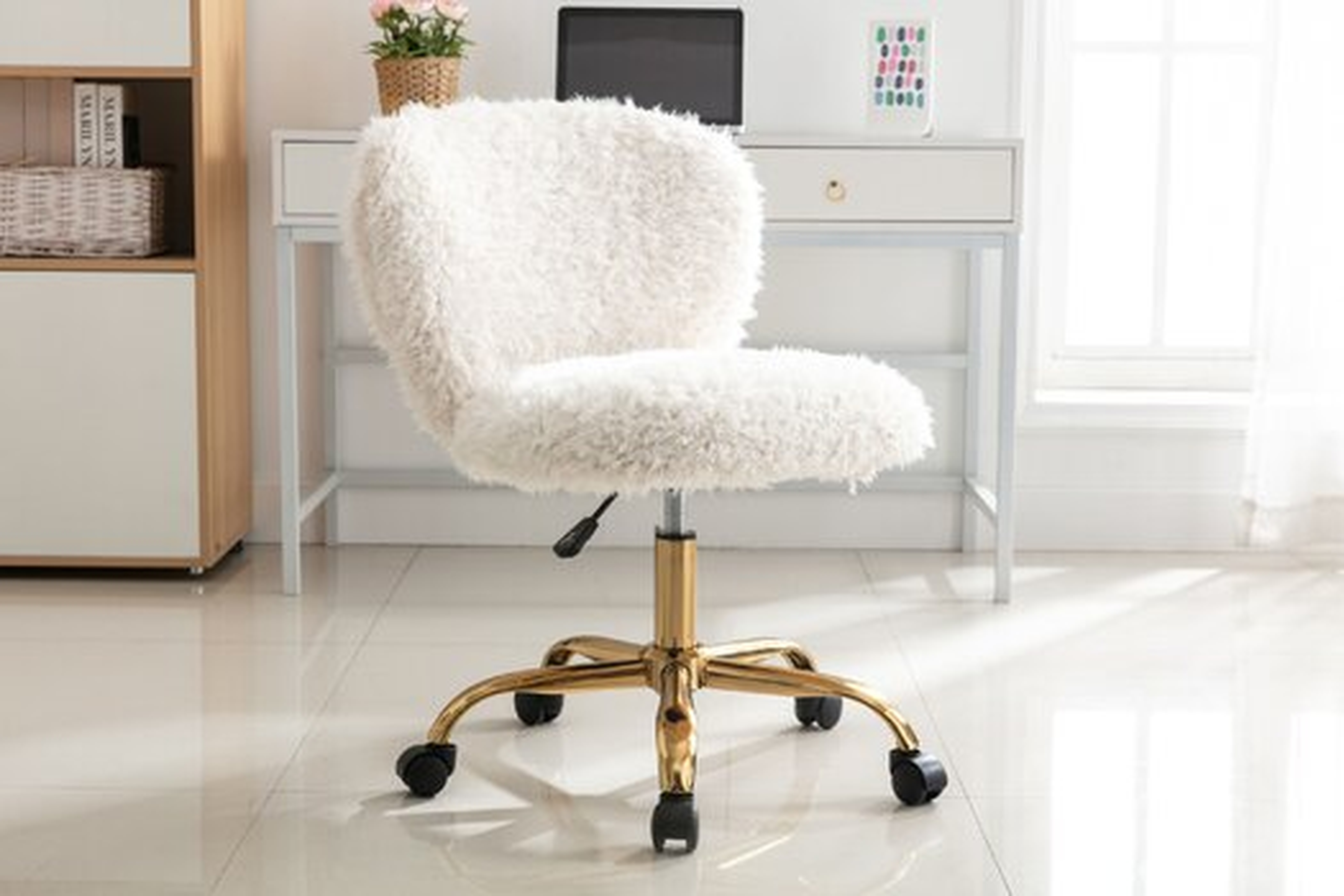 Mercer41 Itzel Armless Office Chair, Plush Fabric, Gold Legs - Wayfair