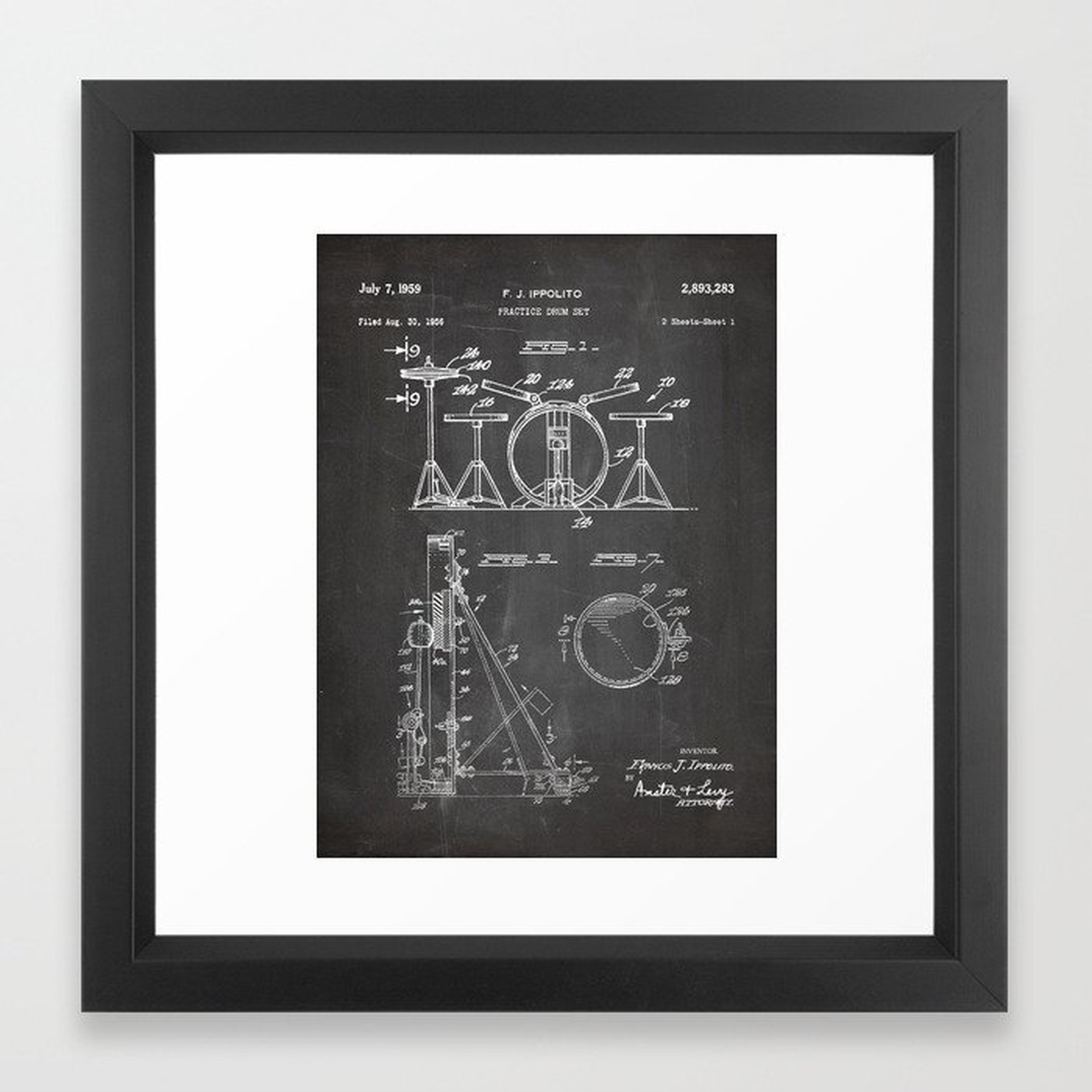 Drum Set Patent - Drummer Art - Black Chalkboard Framed Art Print - Society6