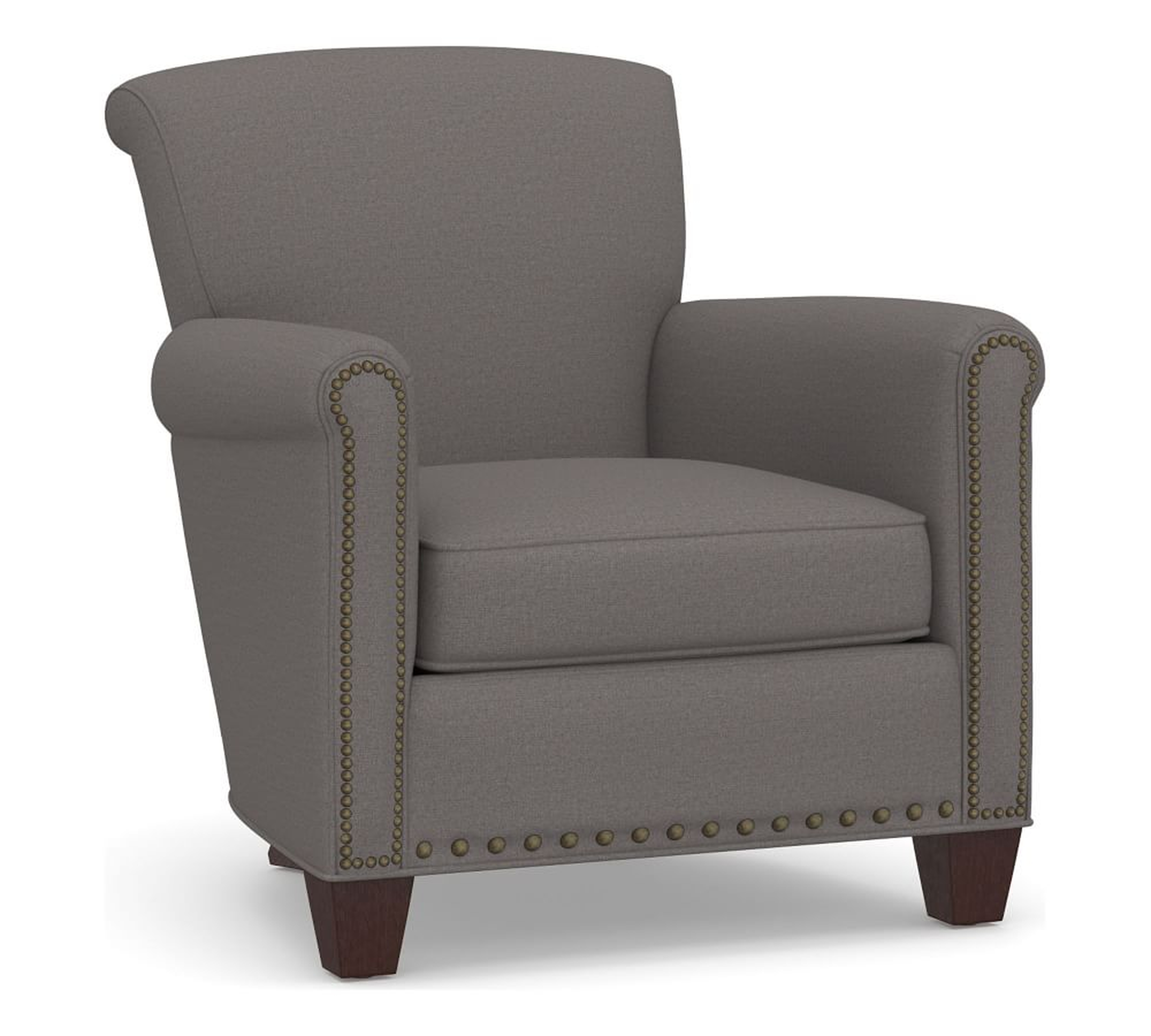 Irving Roll Arm Upholstered Armchair with Nailheads, Polyester Wrapped Cushions, Sunbrella(R) Performance Slub Tweed Charcoal - Pottery Barn