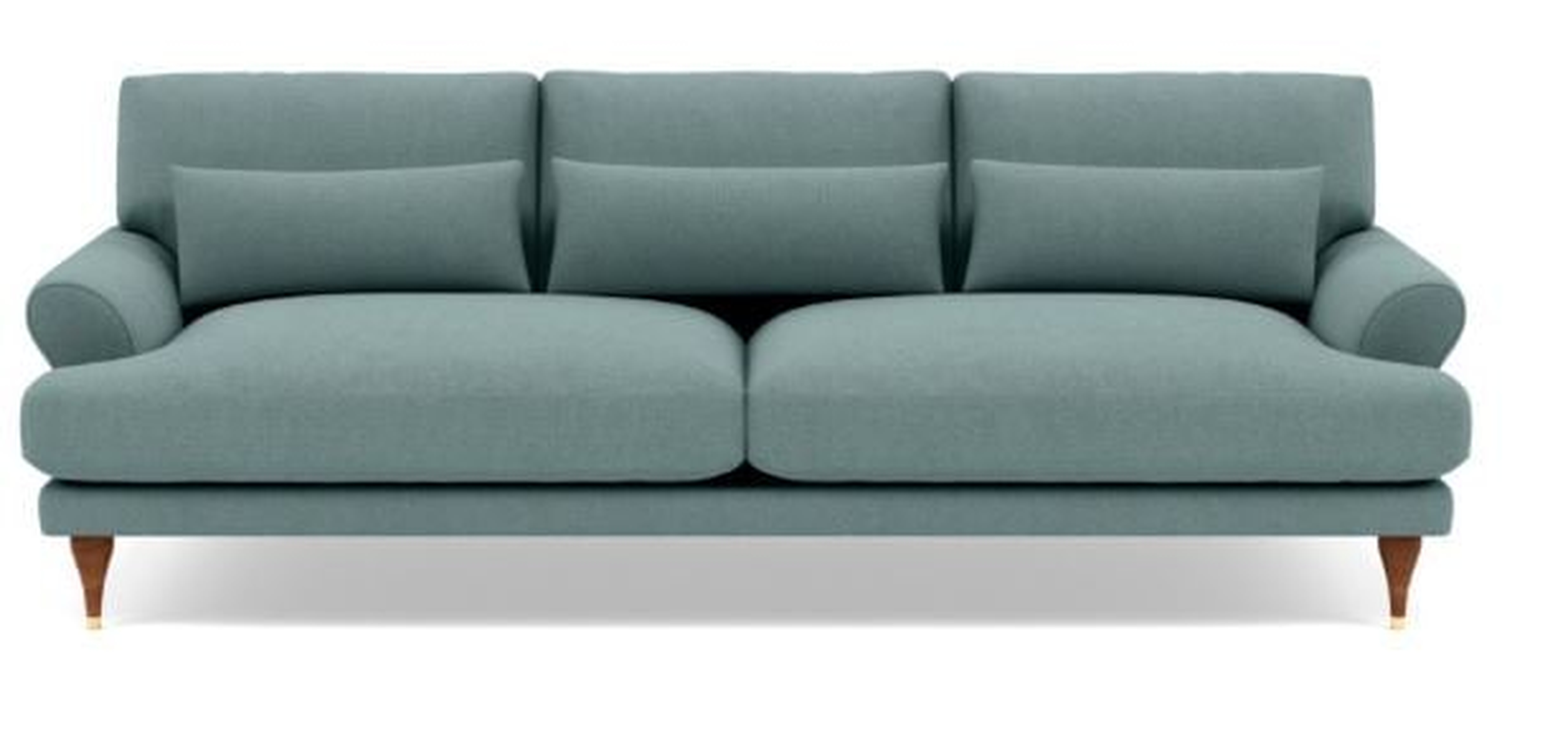 Maxwell Sofa with Blue Mist Fabric and Oiled Walnut with Brass Cap legs - Interior Define