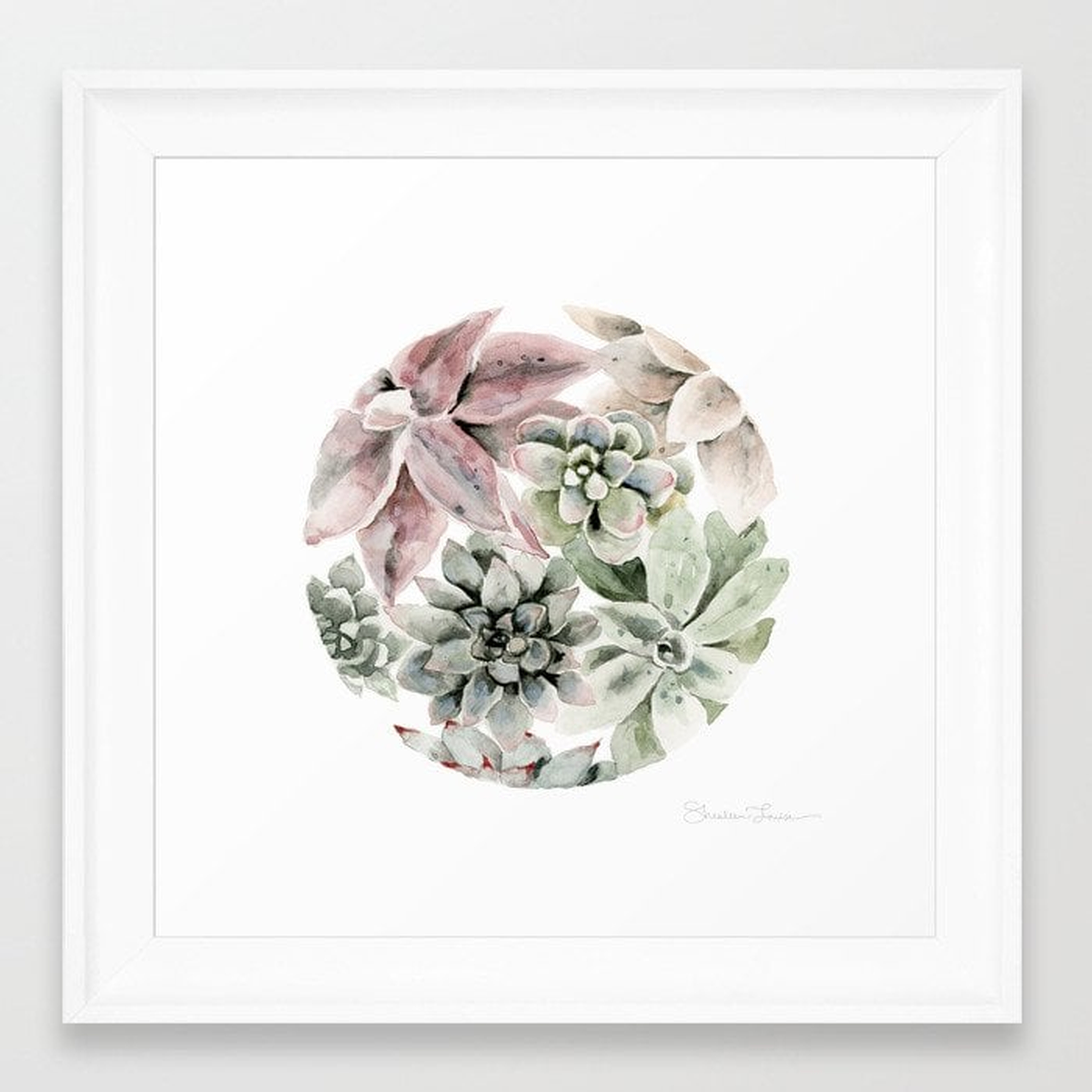 Circular Succulent Watercolor Framed Art Print - 12" x 12" - Scoop White - Society6