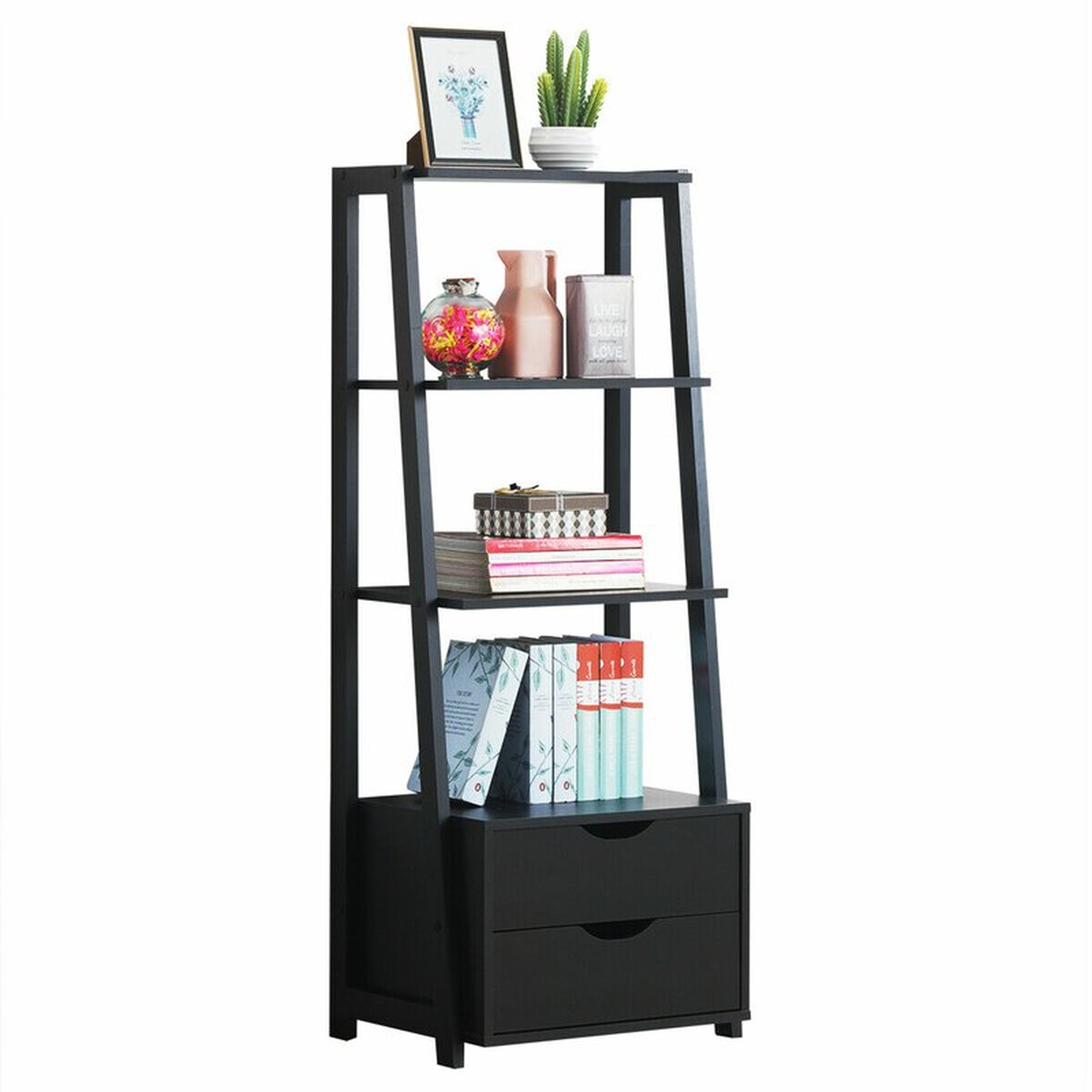 4-tier Ladder Shelf Bookshelf Bookcase Storage Display Leaning With 2 Drawers - Wayfair